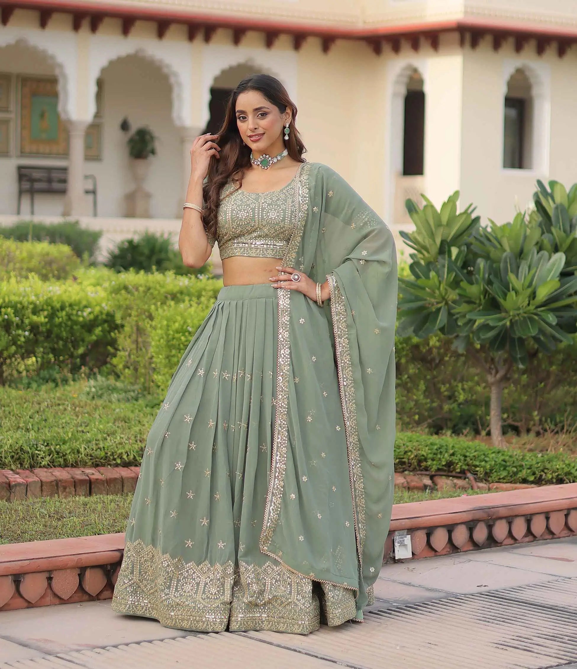 Pista Zari Sequins Embroidery Work Lehenga Choli