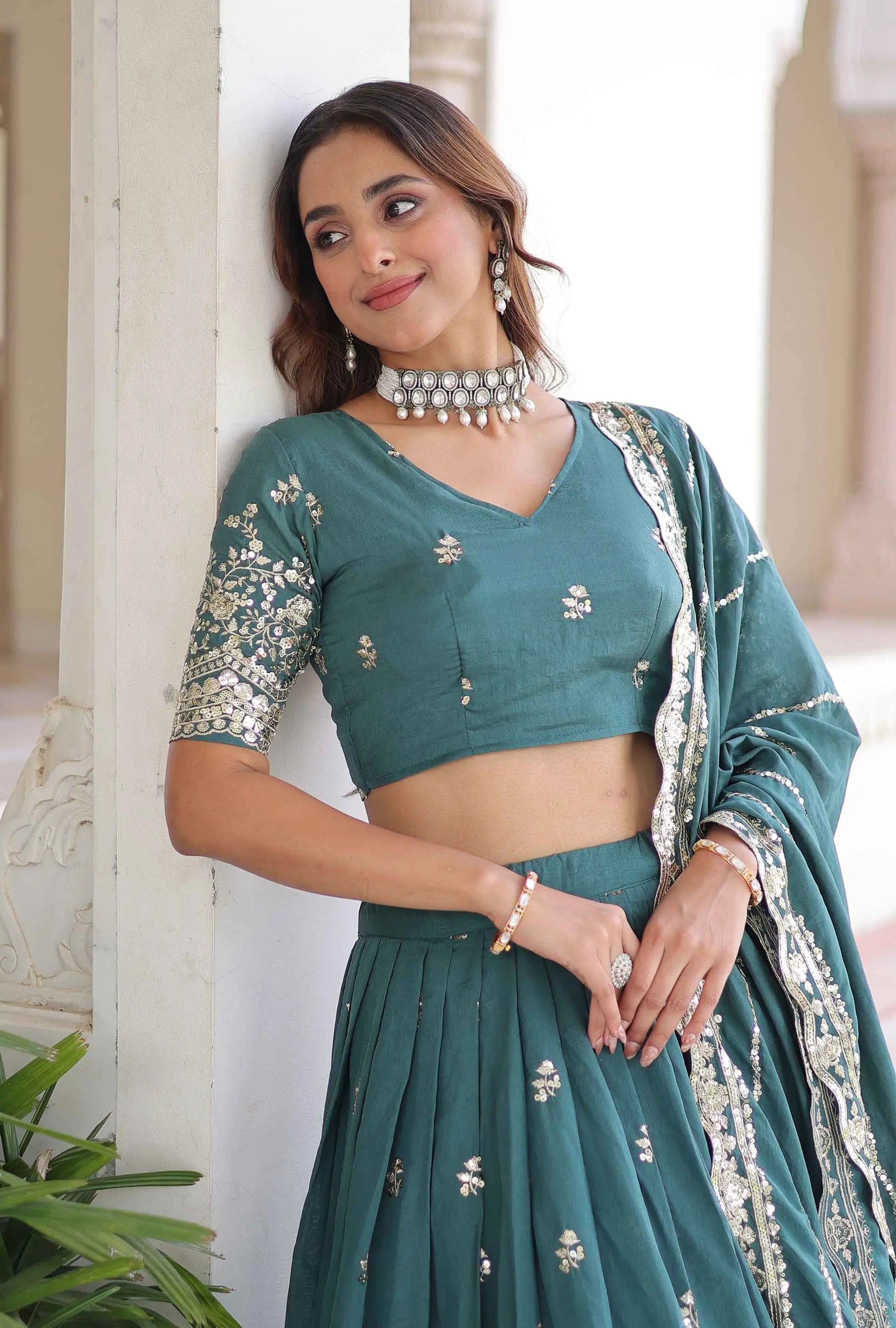 Beetle Green Sequins Embroidery Work Lehenga Choli