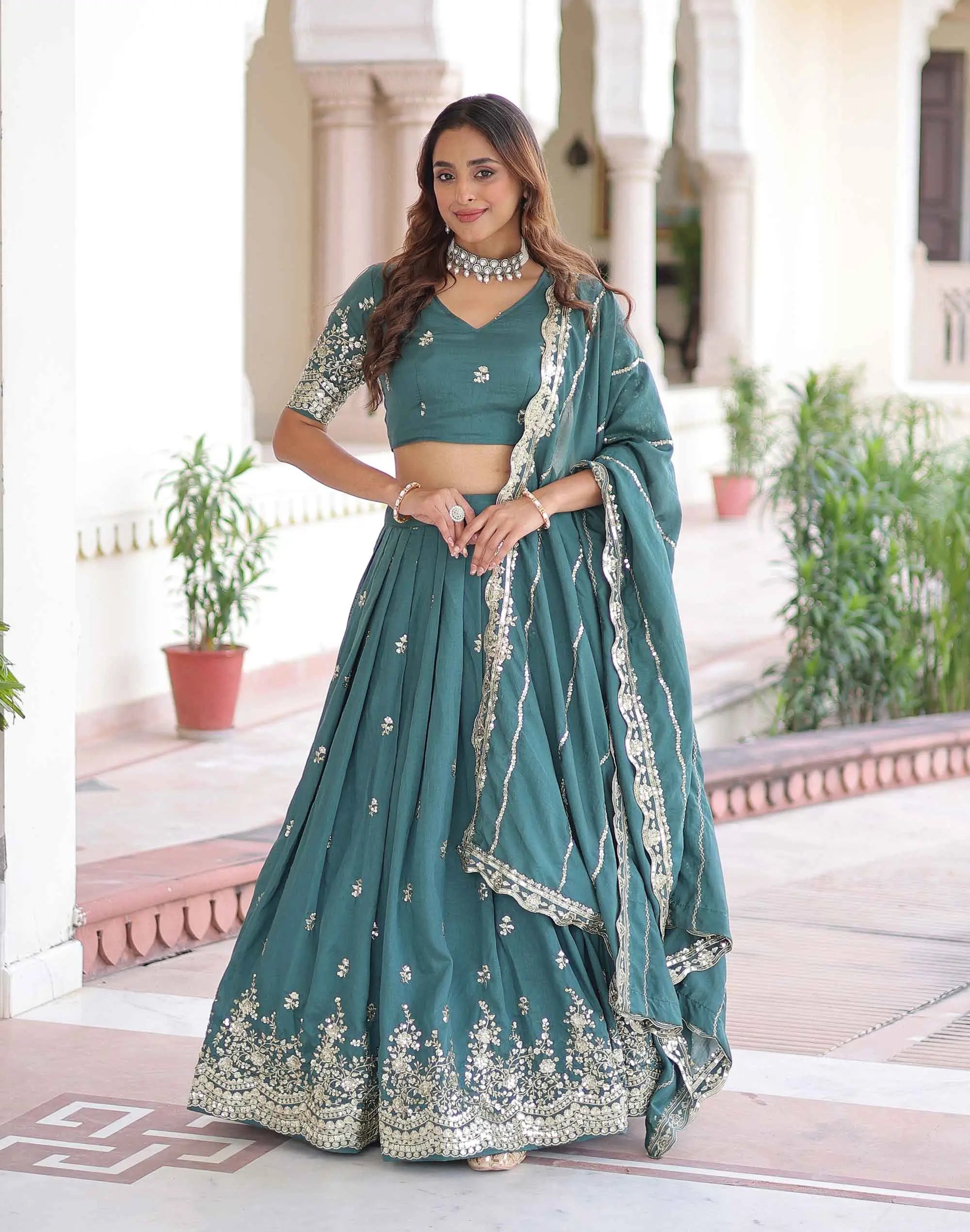 Beetle Green Sequins Embroidery Work Lehenga Choli
