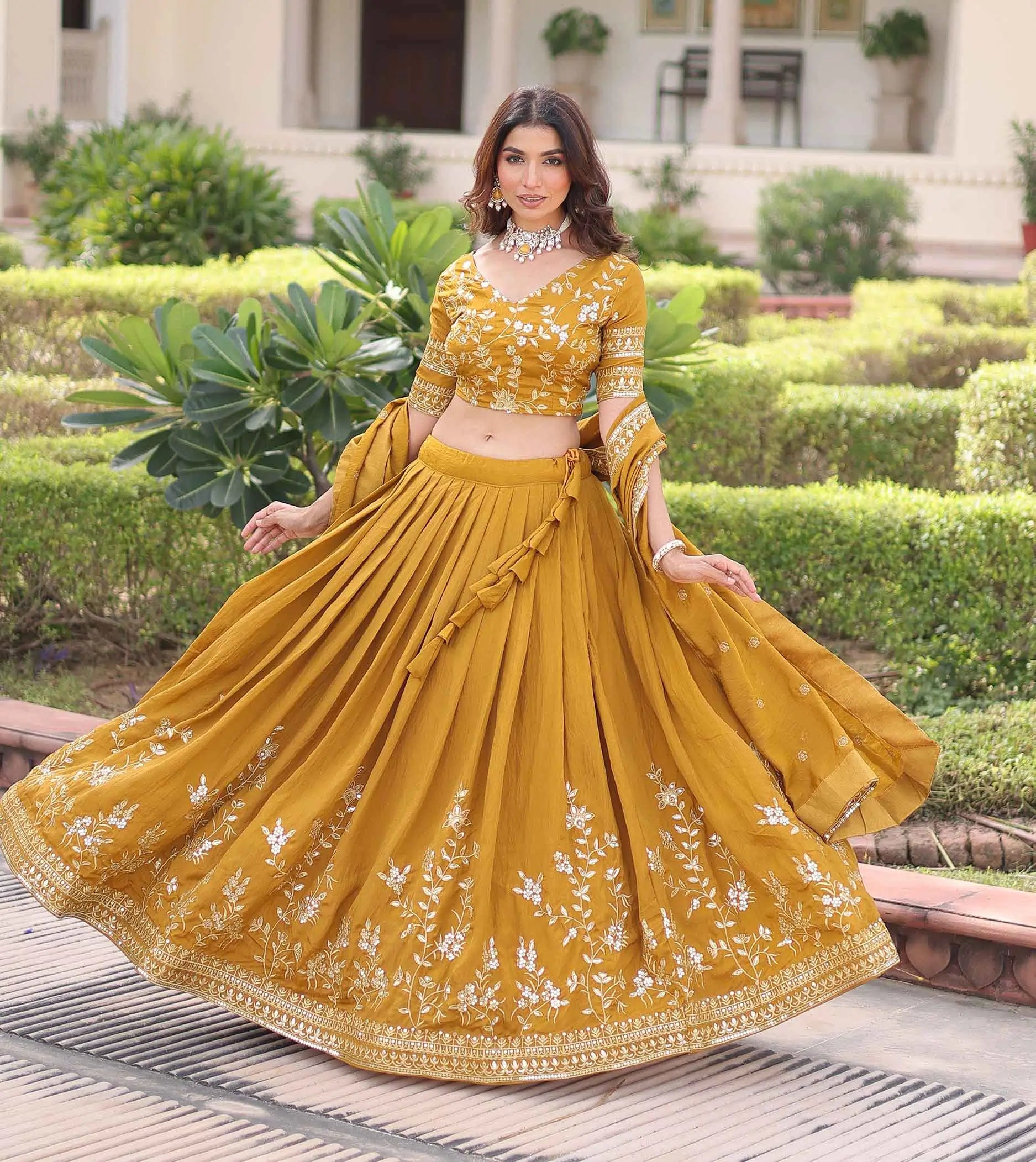 Brownish Yellow Sequins Embroidery Lehenga Choli