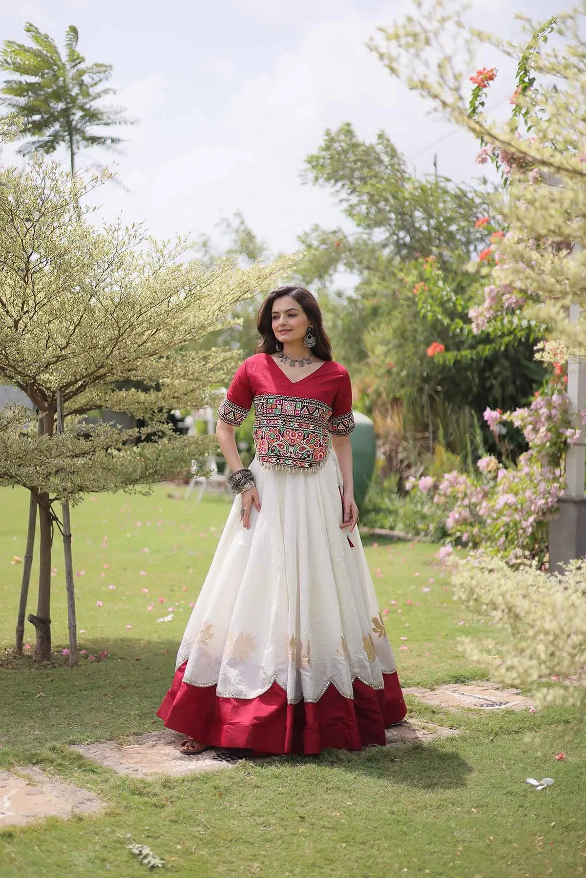 Maroon And White Navaratri Lehenga Choli