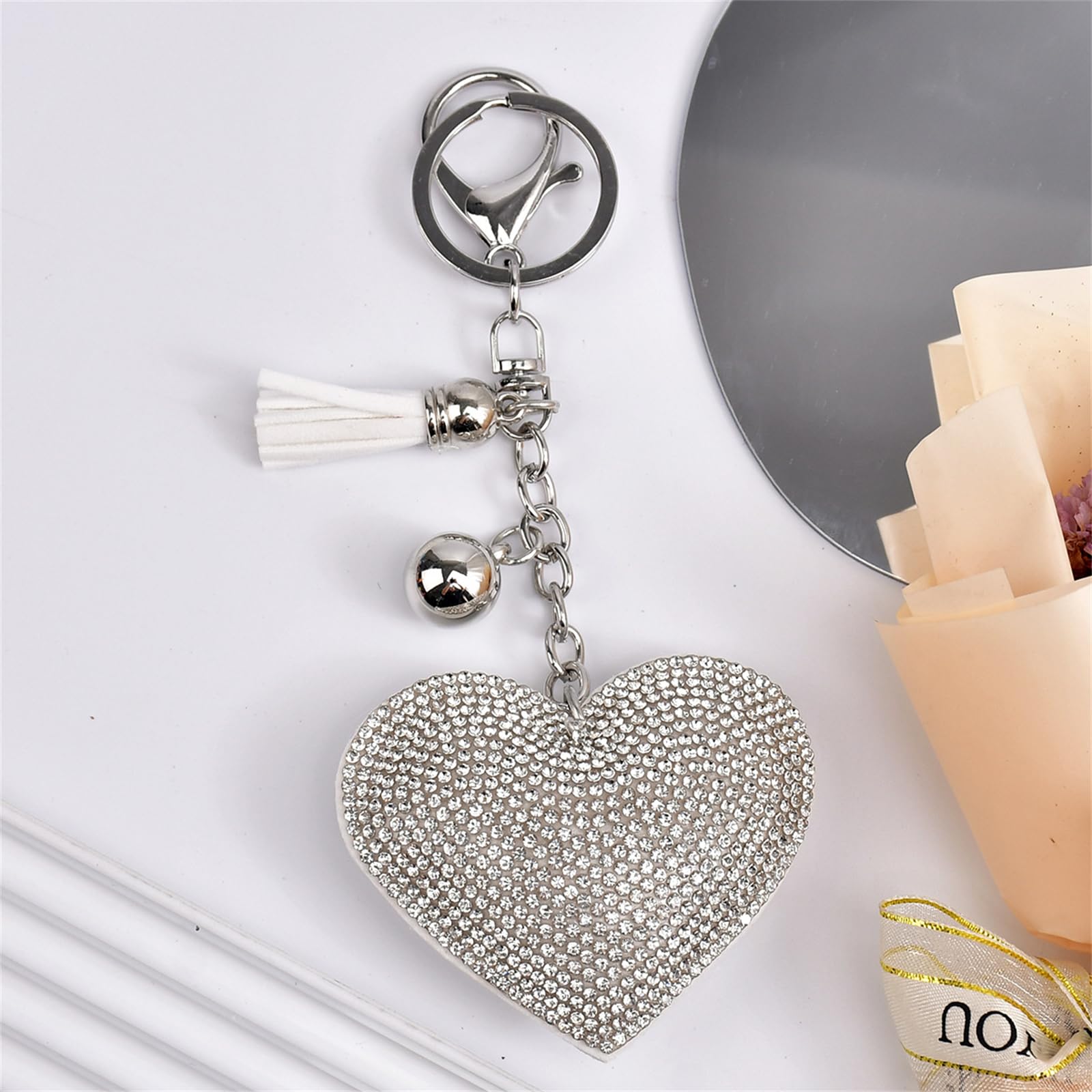 Ounamei Rhinestone Heart Keychain | Crystal Bling Tassel Bag Charm