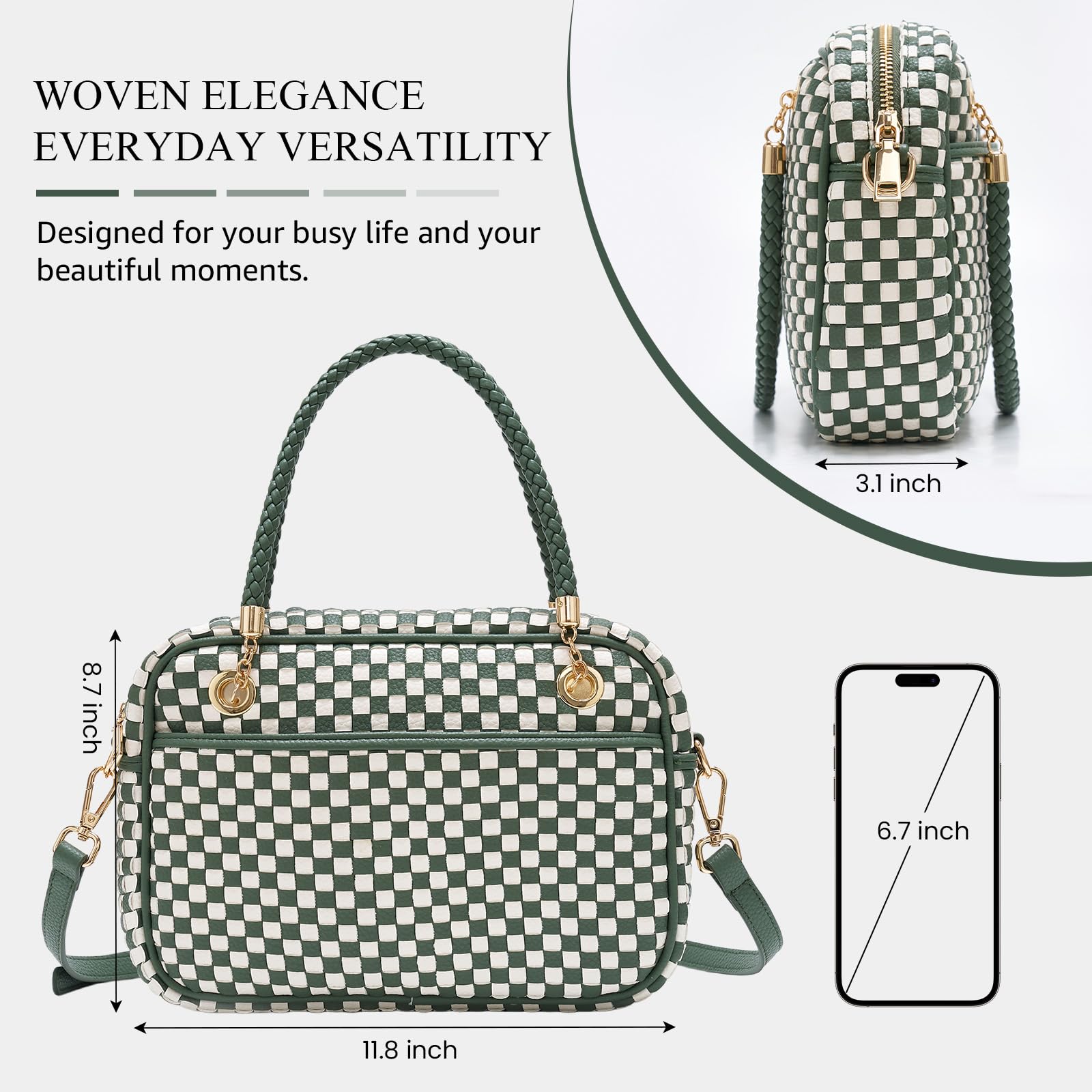 Ounamei Chic Checkered Woven Handbag Top Handle Crossbody Shoulder Bag Vegan Leather