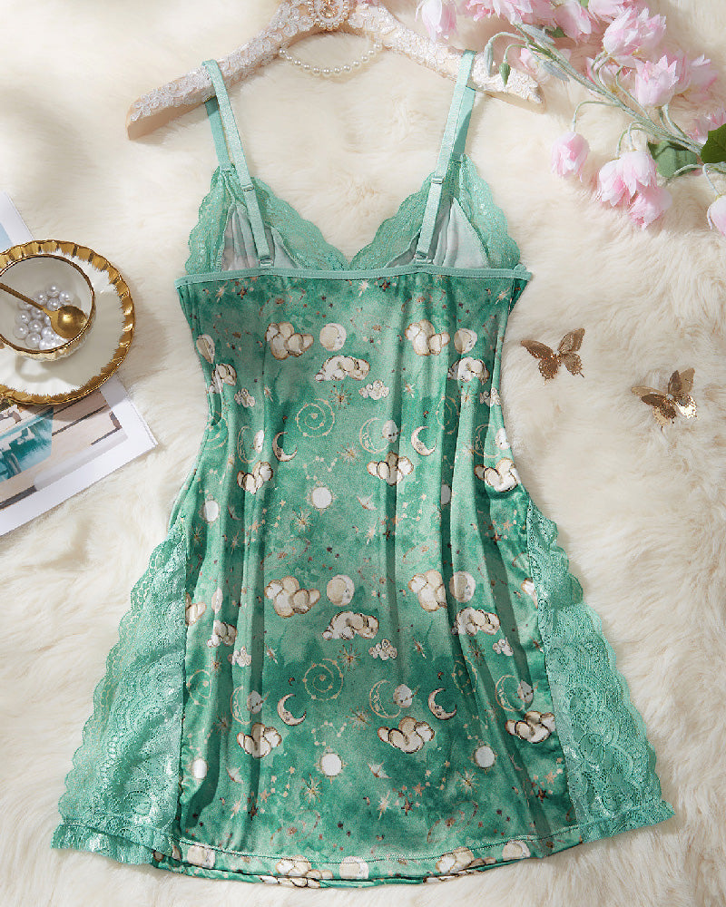 Sexy Lace Trim Slit Lingerie Sleeping Dress Body Shaping Bow Cami Midi Nightgown - By Qivii