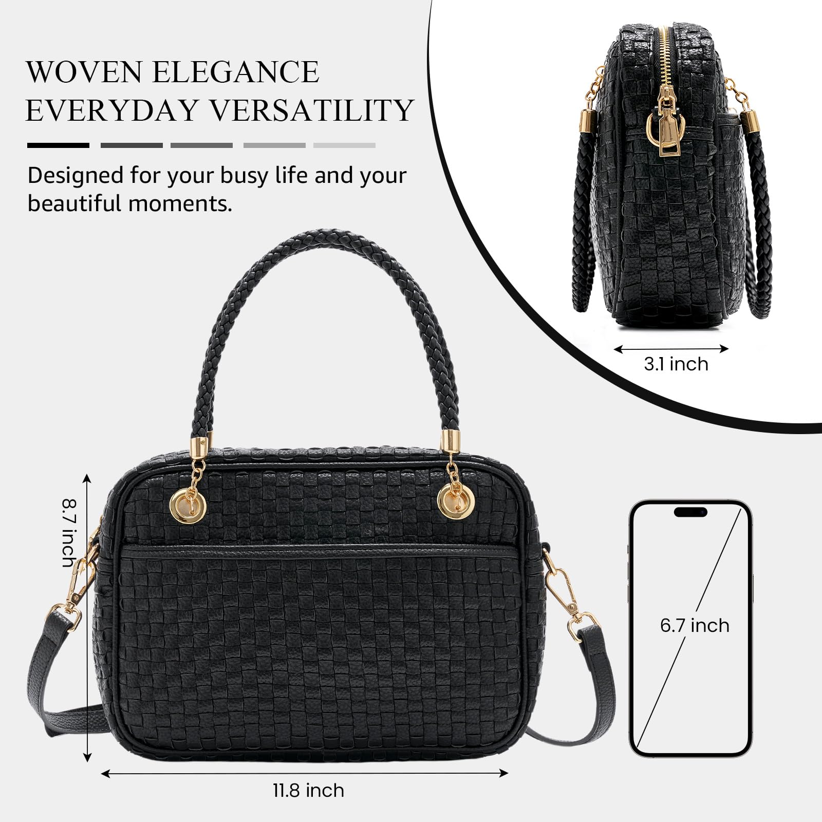 Ounamei Chic Checkered Woven Handbag Top Handle Crossbody Shoulder Bag Vegan Leather