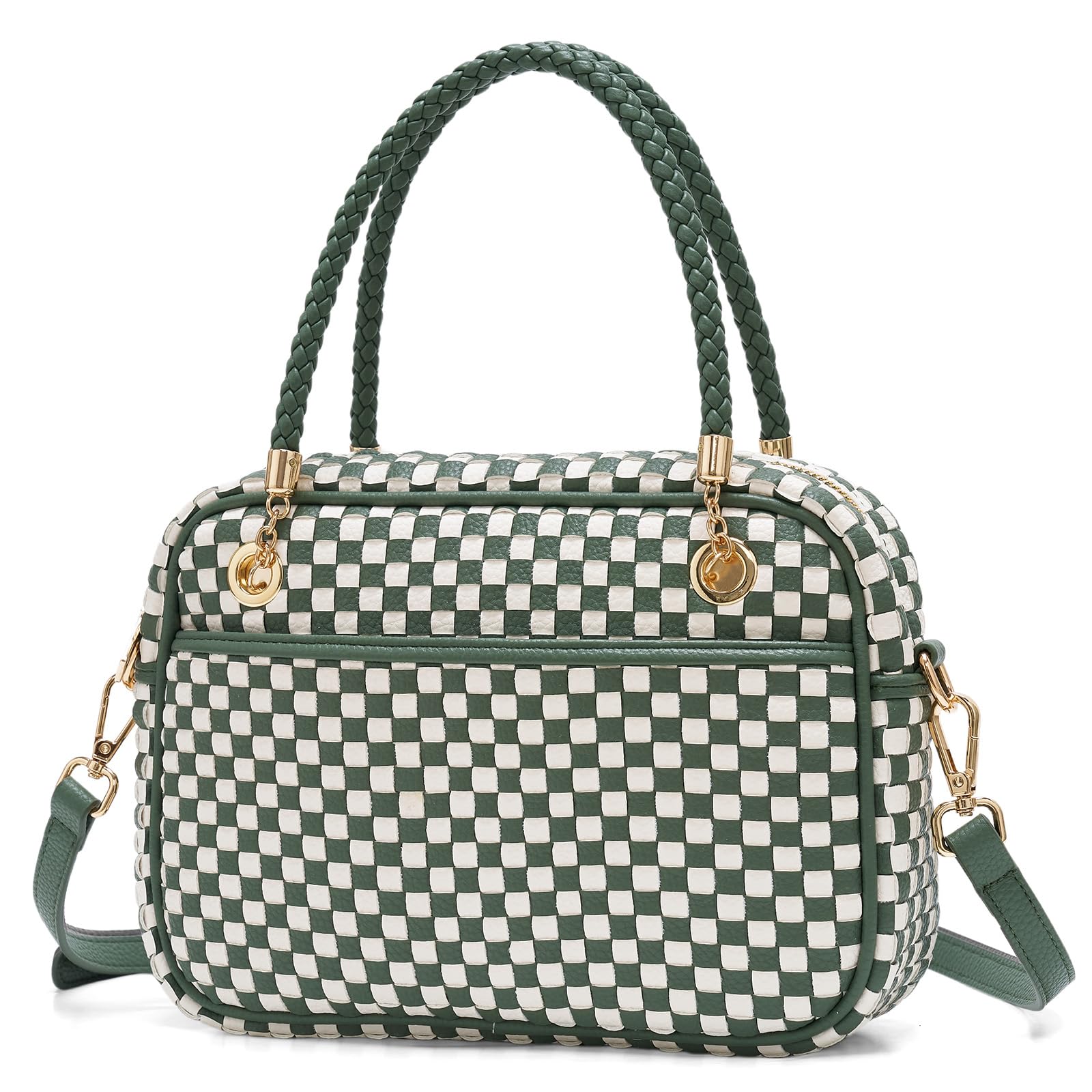 Ounamei Chic Checkered Woven Handbag Top Handle Crossbody Shoulder Bag Vegan Leather