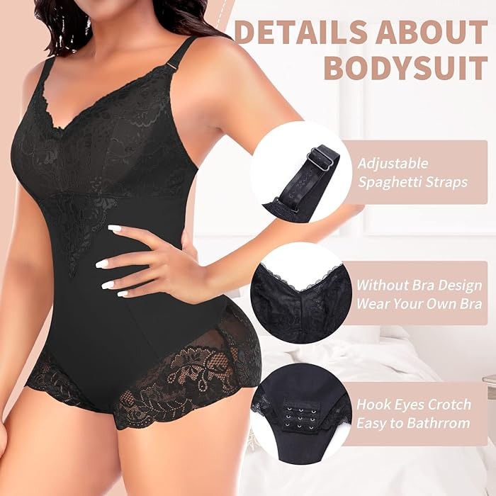 Lace V neck Tummy Control Sculpting Full Body Shapewear Bodysuit - By Qivii