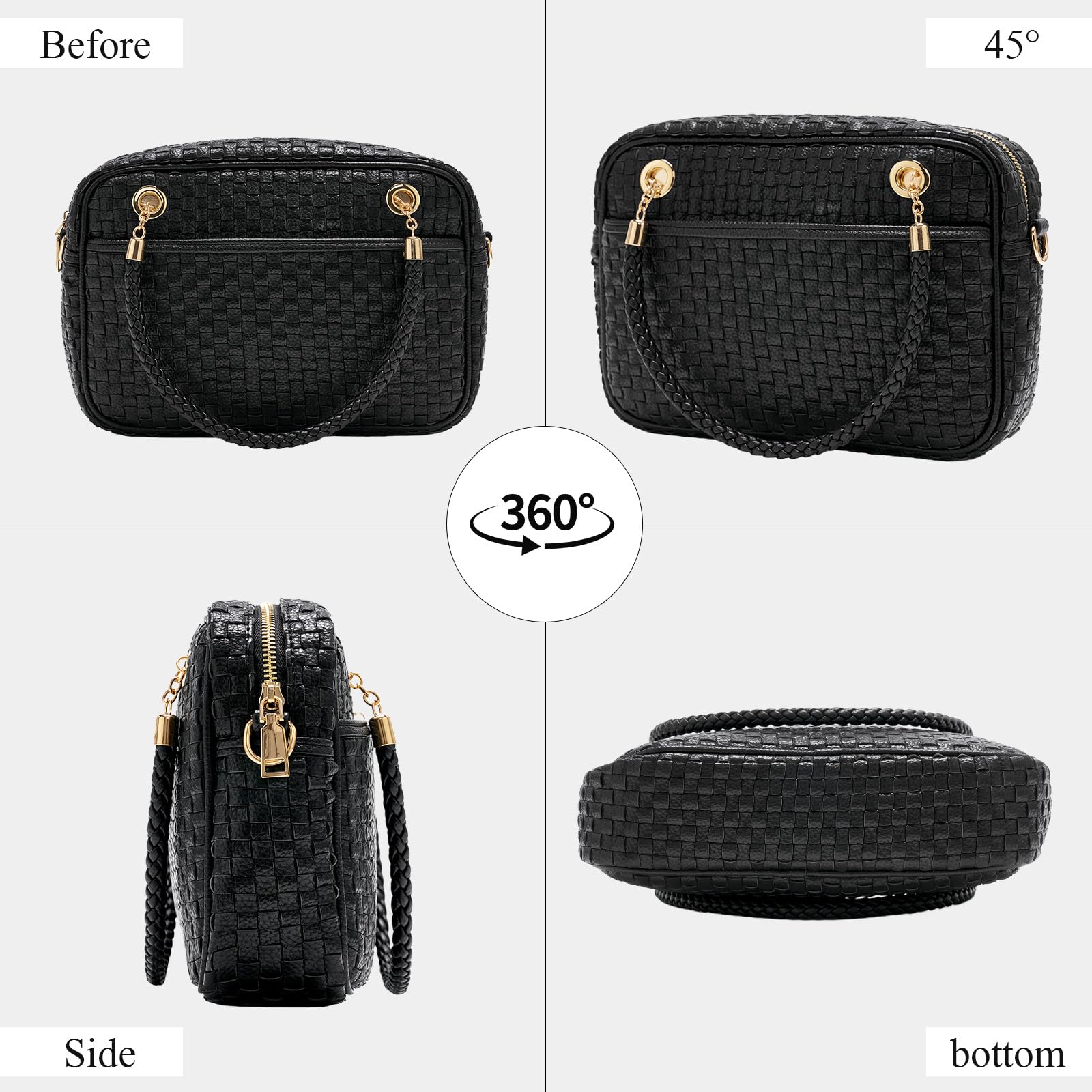 Ounamei Chic Checkered Woven Handbag Top Handle Crossbody Shoulder Bag Vegan Leather