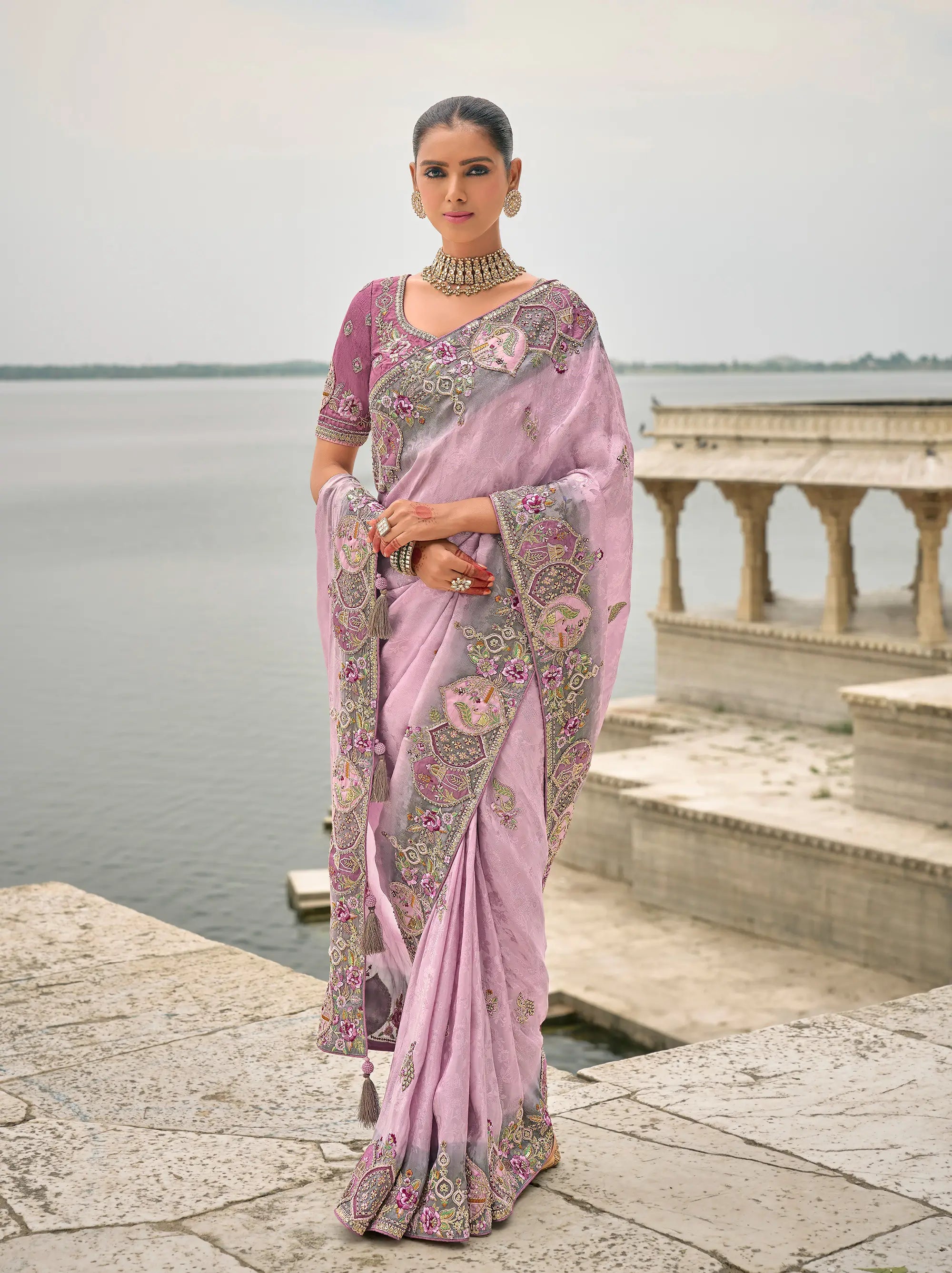 Lavender Viscose Jacquard Saree With Embroidery, Pearls, Khatli, Zari Weaving Work - qivii