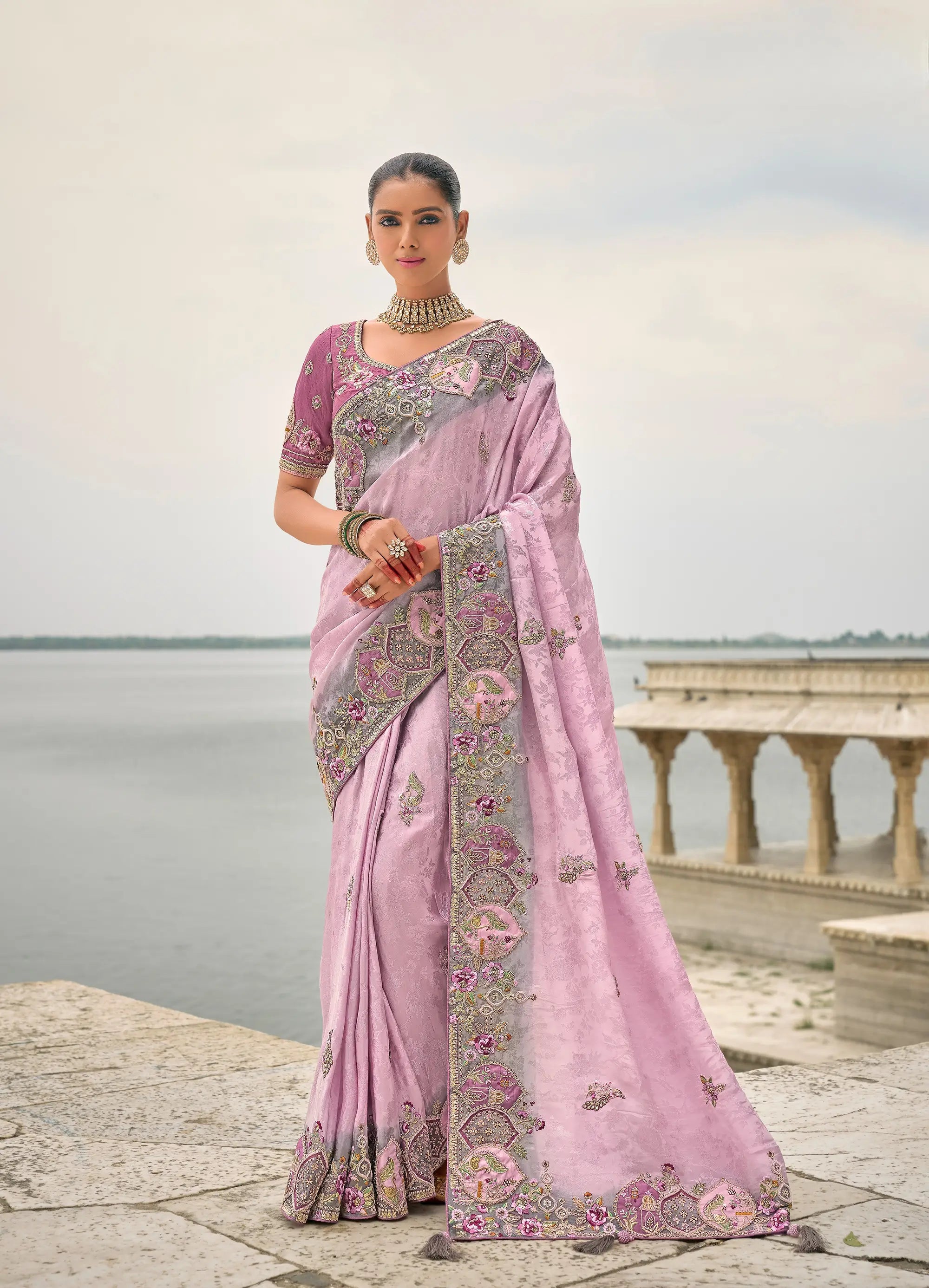 Lavender Viscose Jacquard Saree With Embroidery, Pearls, Khatli, Zari Weaving Work - qivii