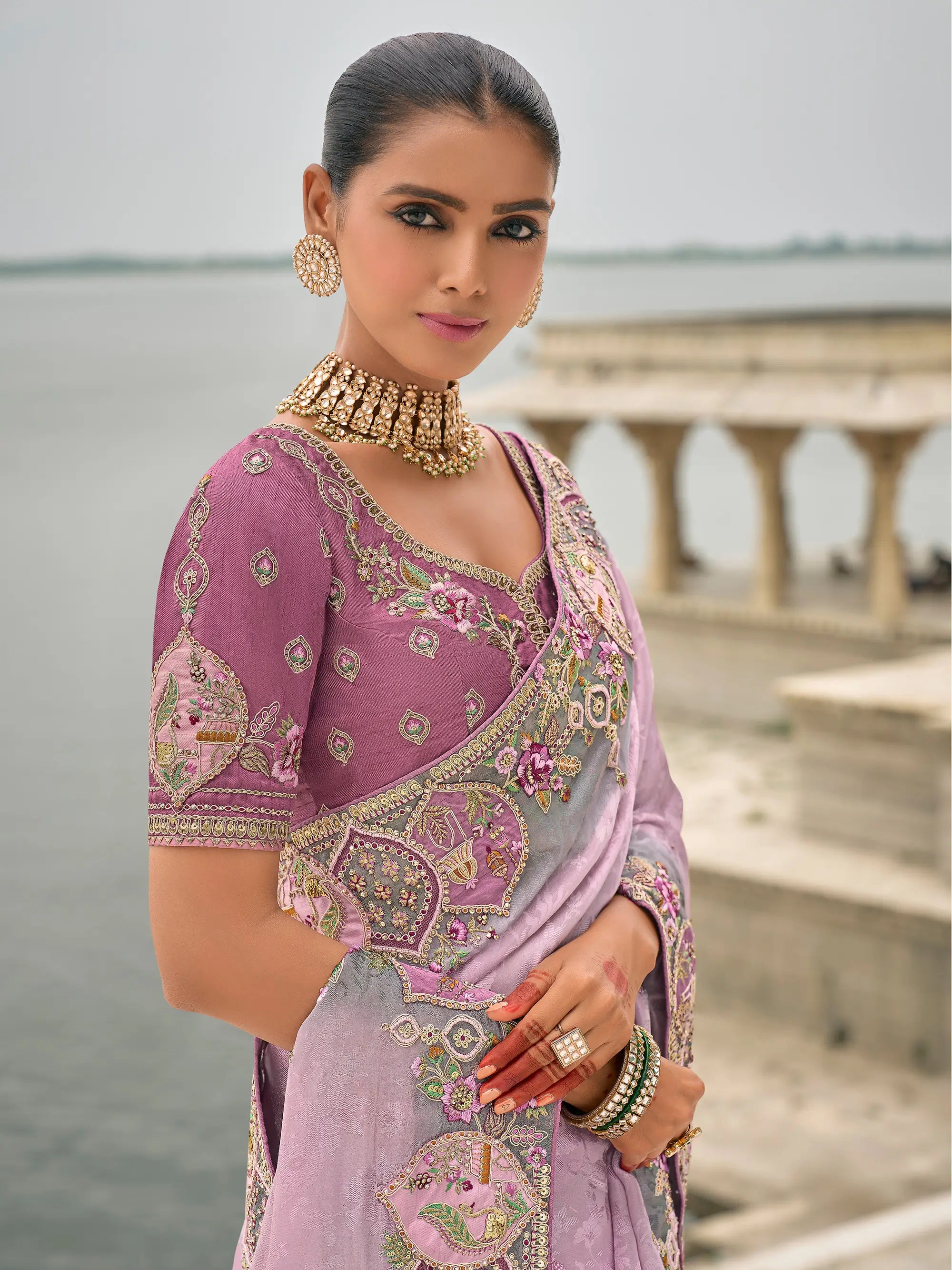 Lavender Viscose Jacquard Saree With Embroidery, Pearls, Khatli, Zari Weaving Work - qivii