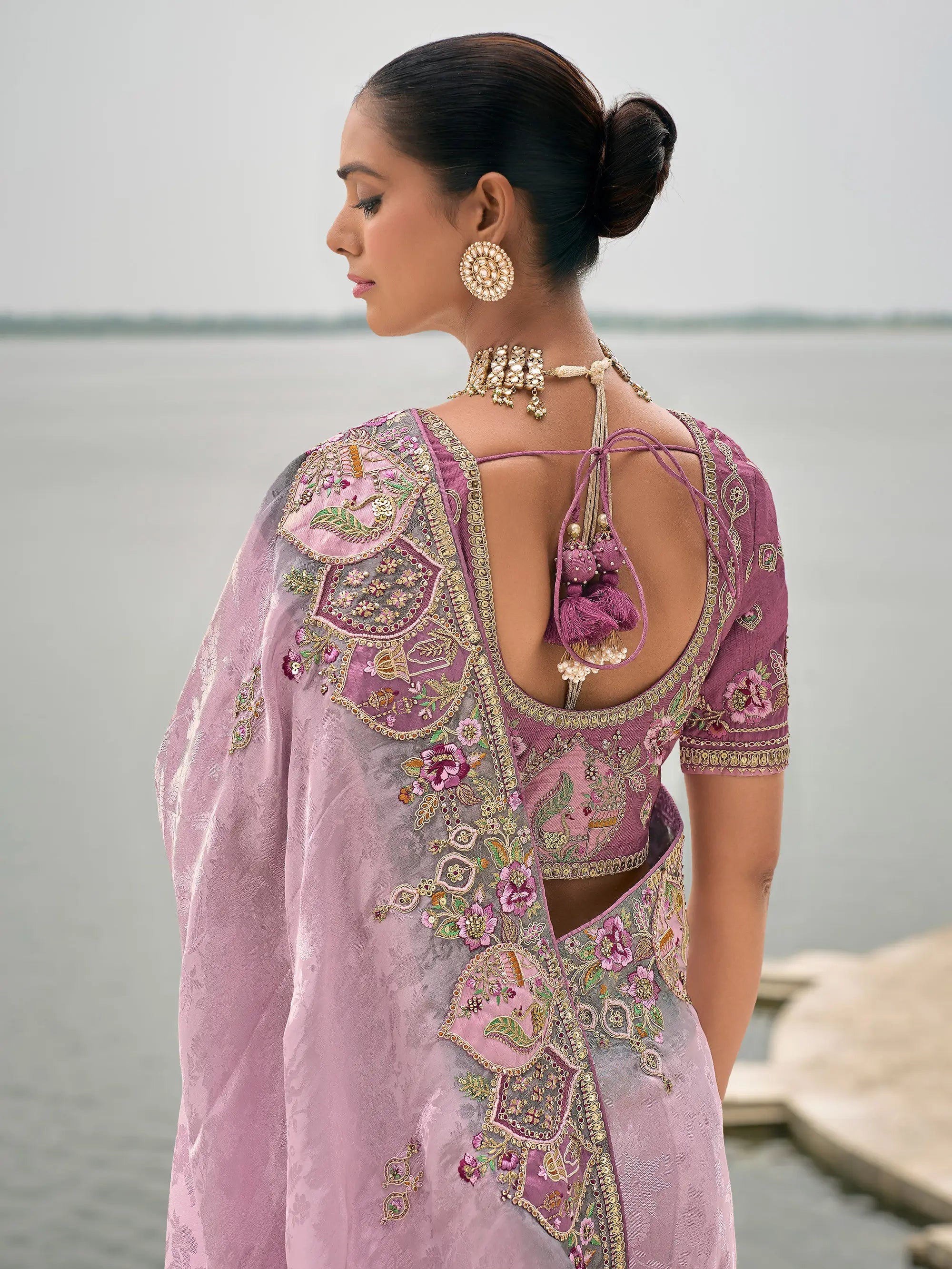Lavender Viscose Jacquard Saree With Embroidery, Pearls, Khatli, Zari Weaving Work - qivii