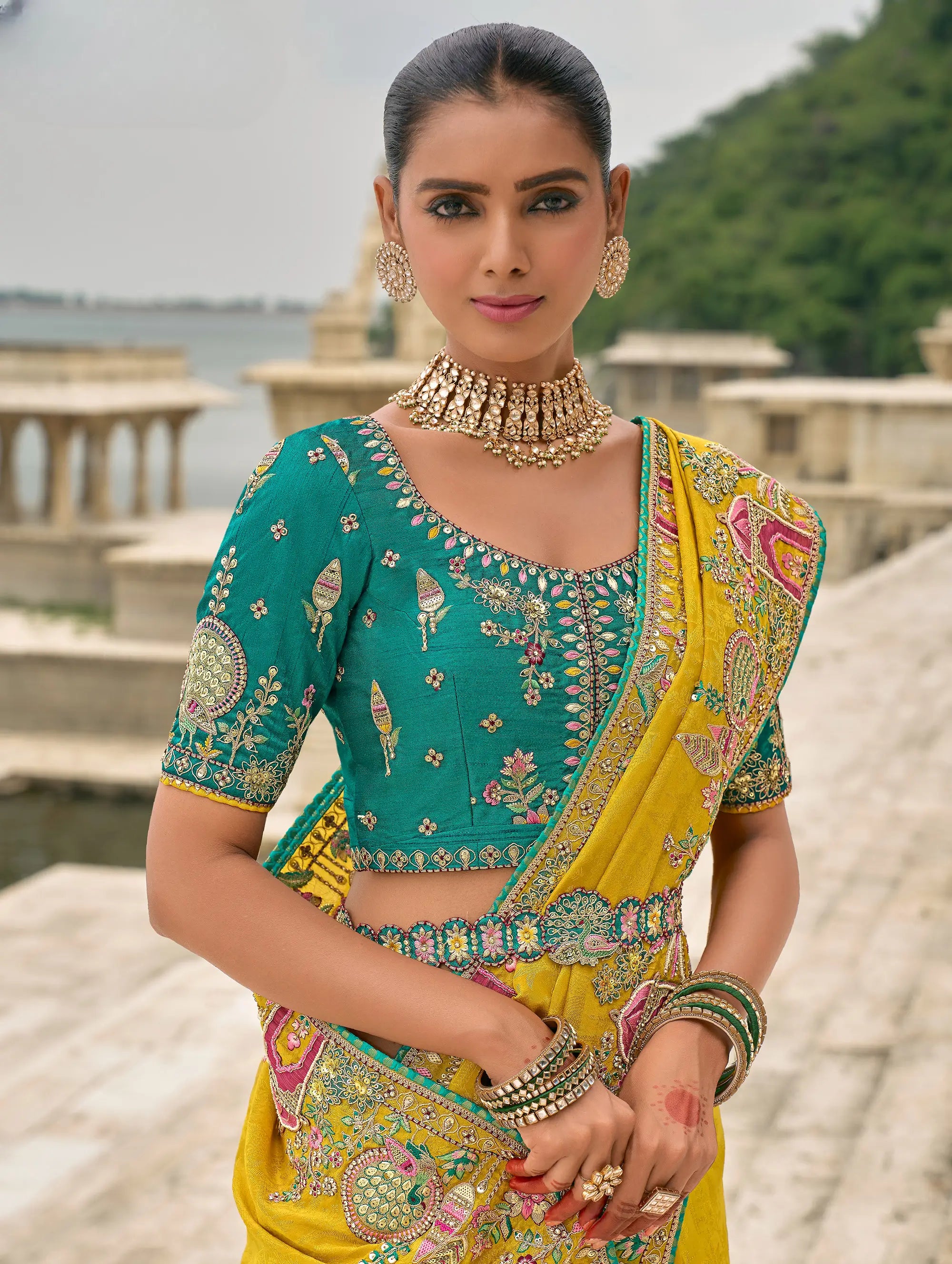 Yellow Viscose Jacquard Saree With Embroidery Pearls Khatli Zari Weaving Work - qivii