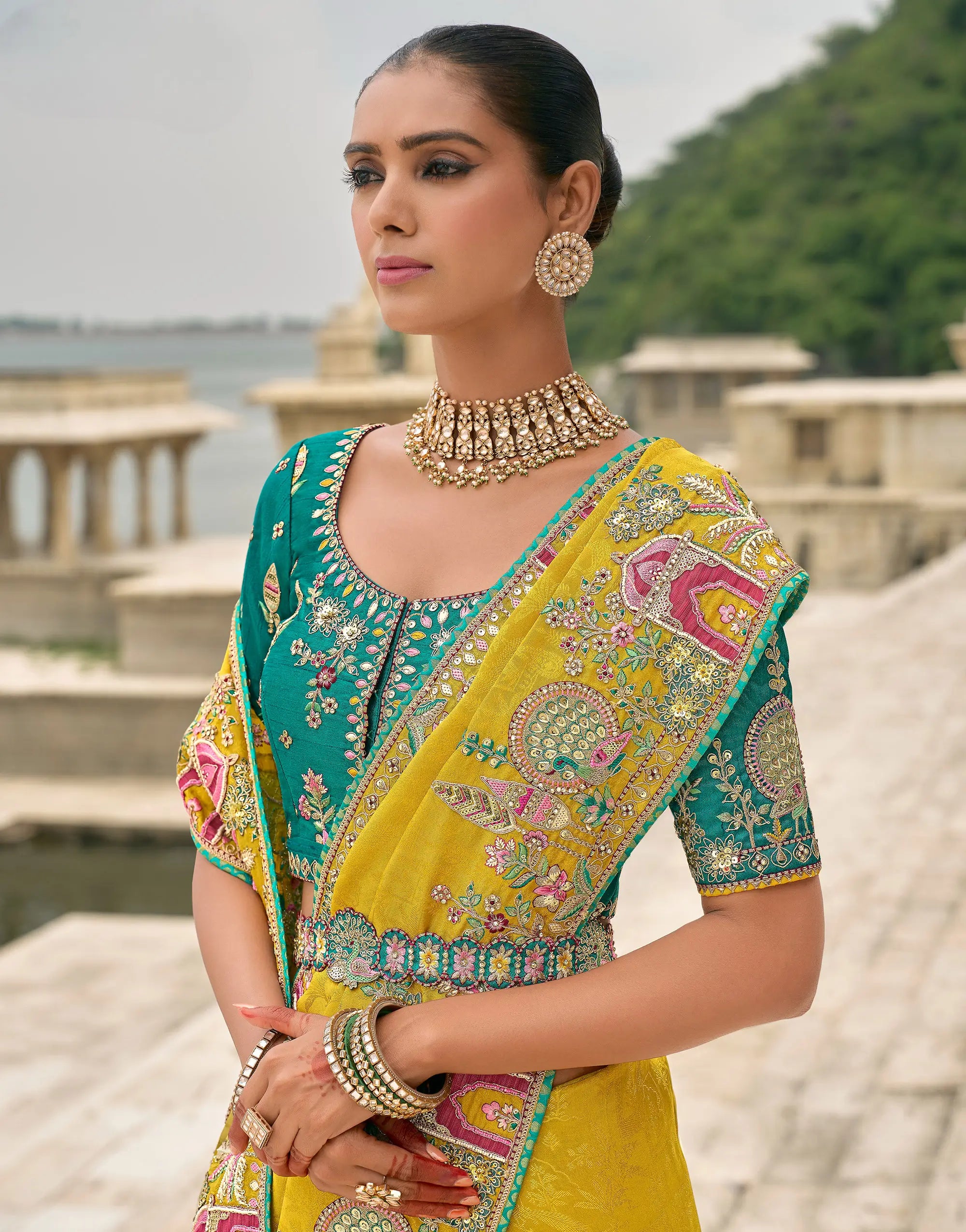 Yellow Viscose Jacquard Saree With Embroidery Pearls Khatli Zari Weaving Work - qivii