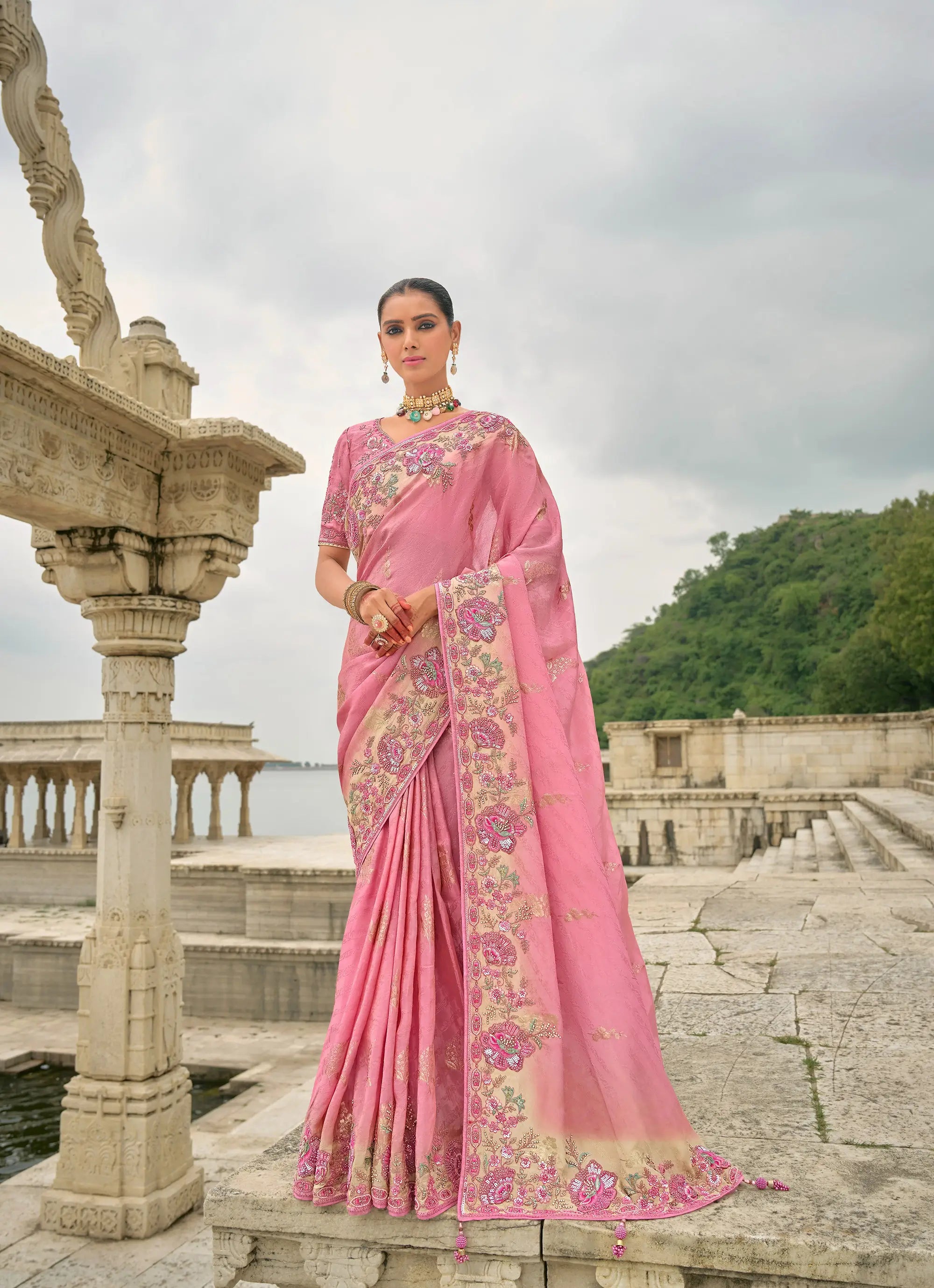 Rose pink Viscose Jacquard Saree With Embroidery, Pearls, Khatli, Zari Weaving Work - qivii
