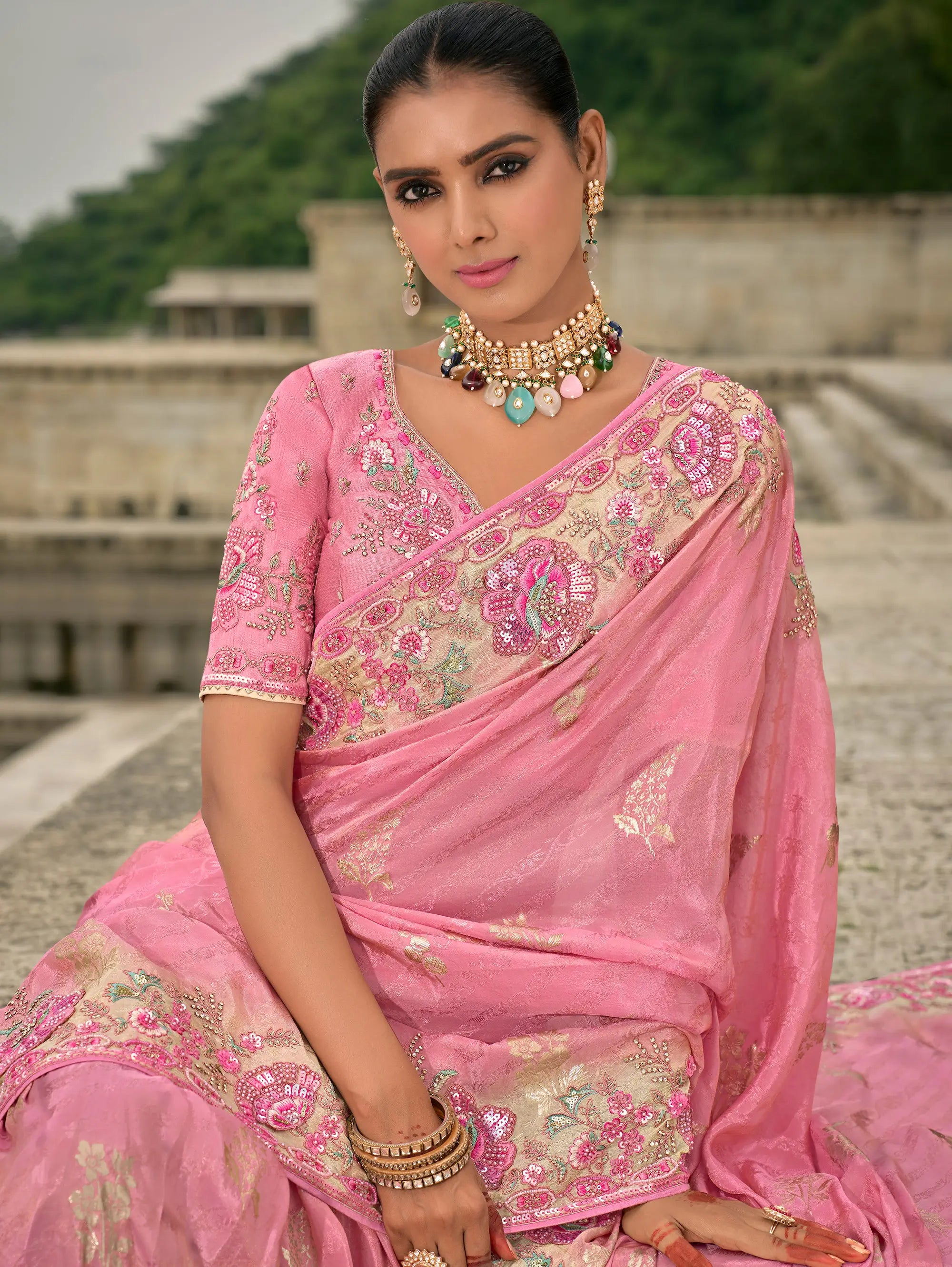 Rose pink Viscose Jacquard Saree With Embroidery, Pearls, Khatli, Zari Weaving Work - qivii