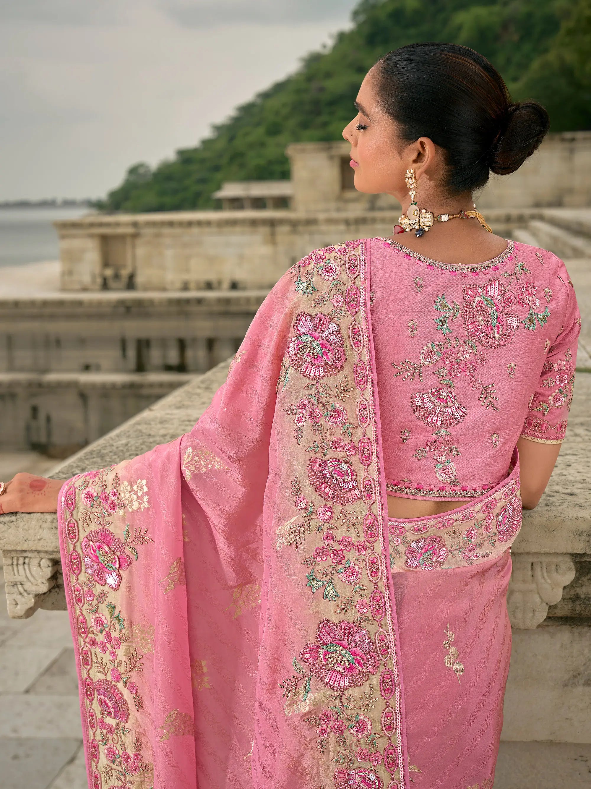 Rose pink Viscose Jacquard Saree With Embroidery, Pearls, Khatli, Zari Weaving Work