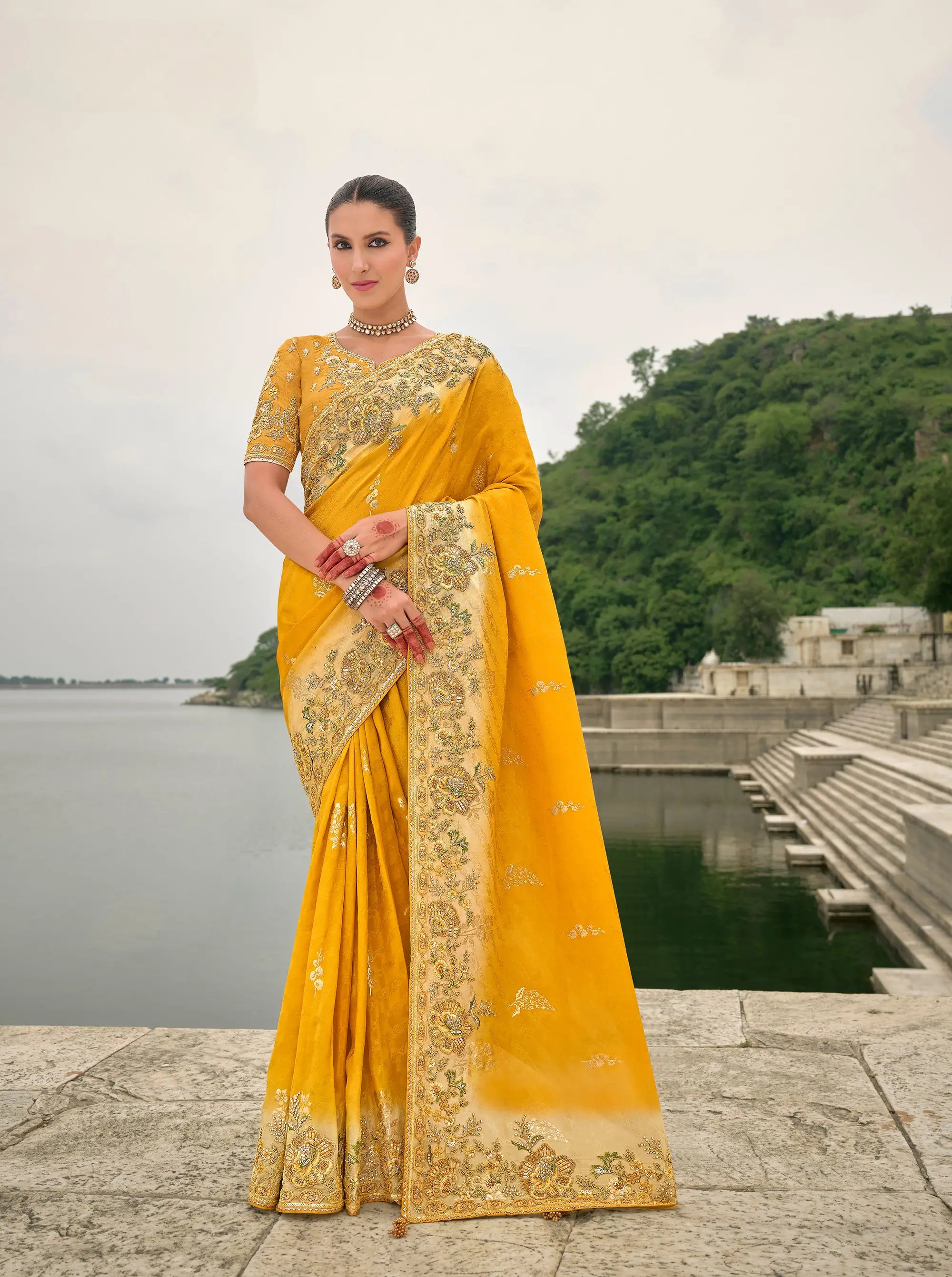 Yellow Viscose Jacquard Saree With Embroidery, Pearls, Khatli, Zari Weaving Work - qivii