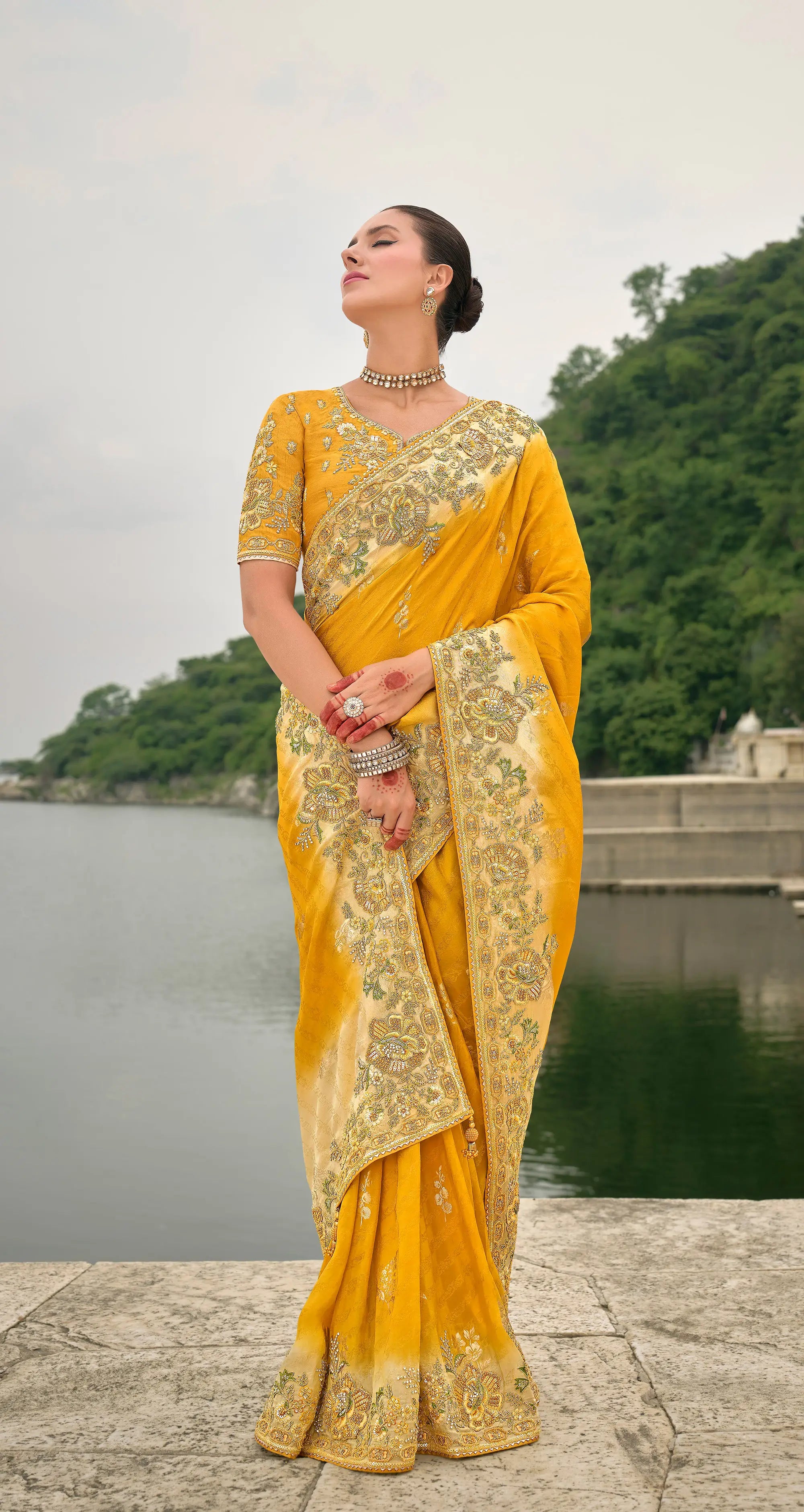 Yellow Viscose Jacquard Saree With Embroidery, Pearls, Khatli, Zari Weaving Work - qivii