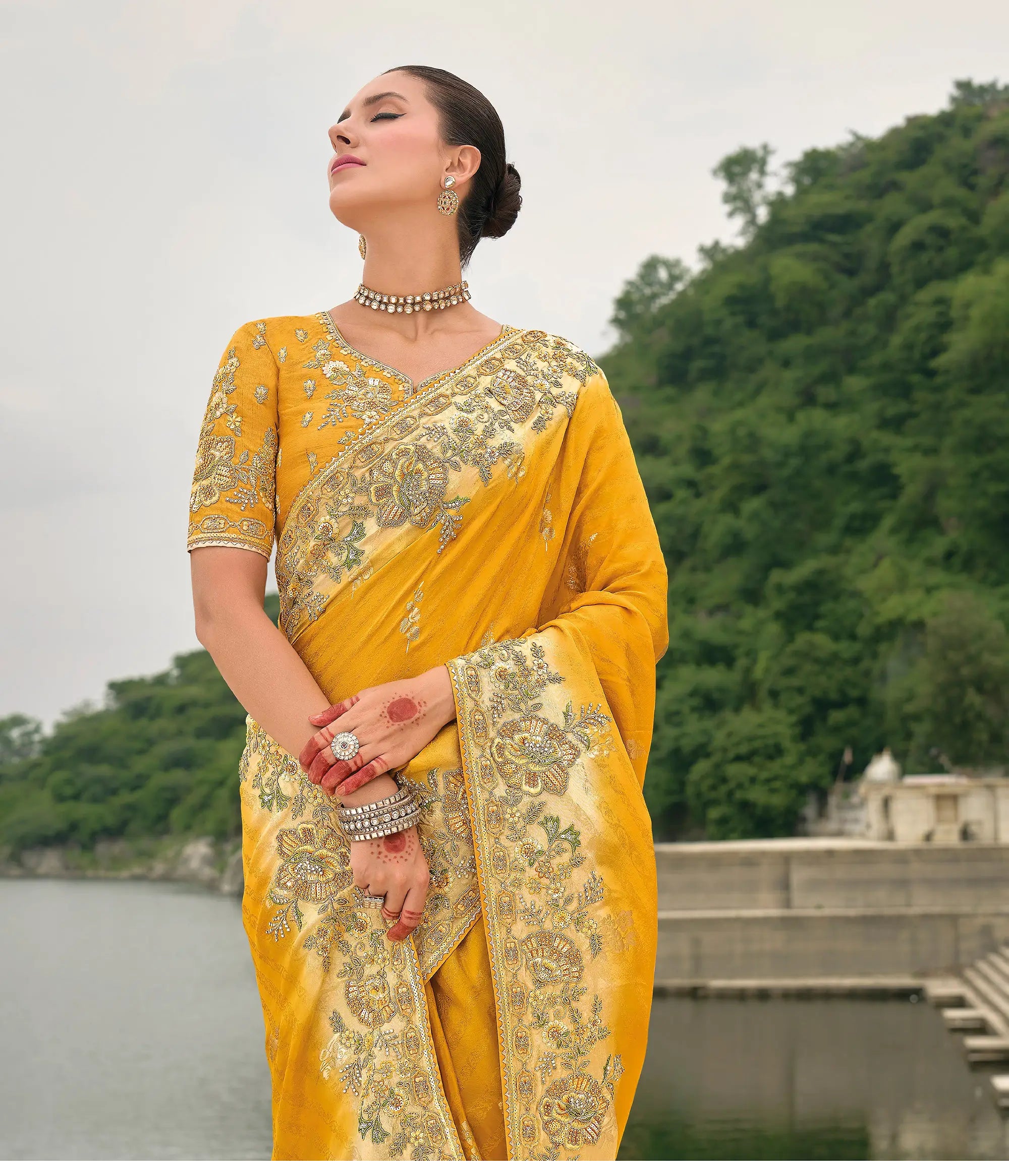 Yellow Viscose Jacquard Saree With Embroidery, Pearls, Khatli, Zari Weaving Work - qivii
