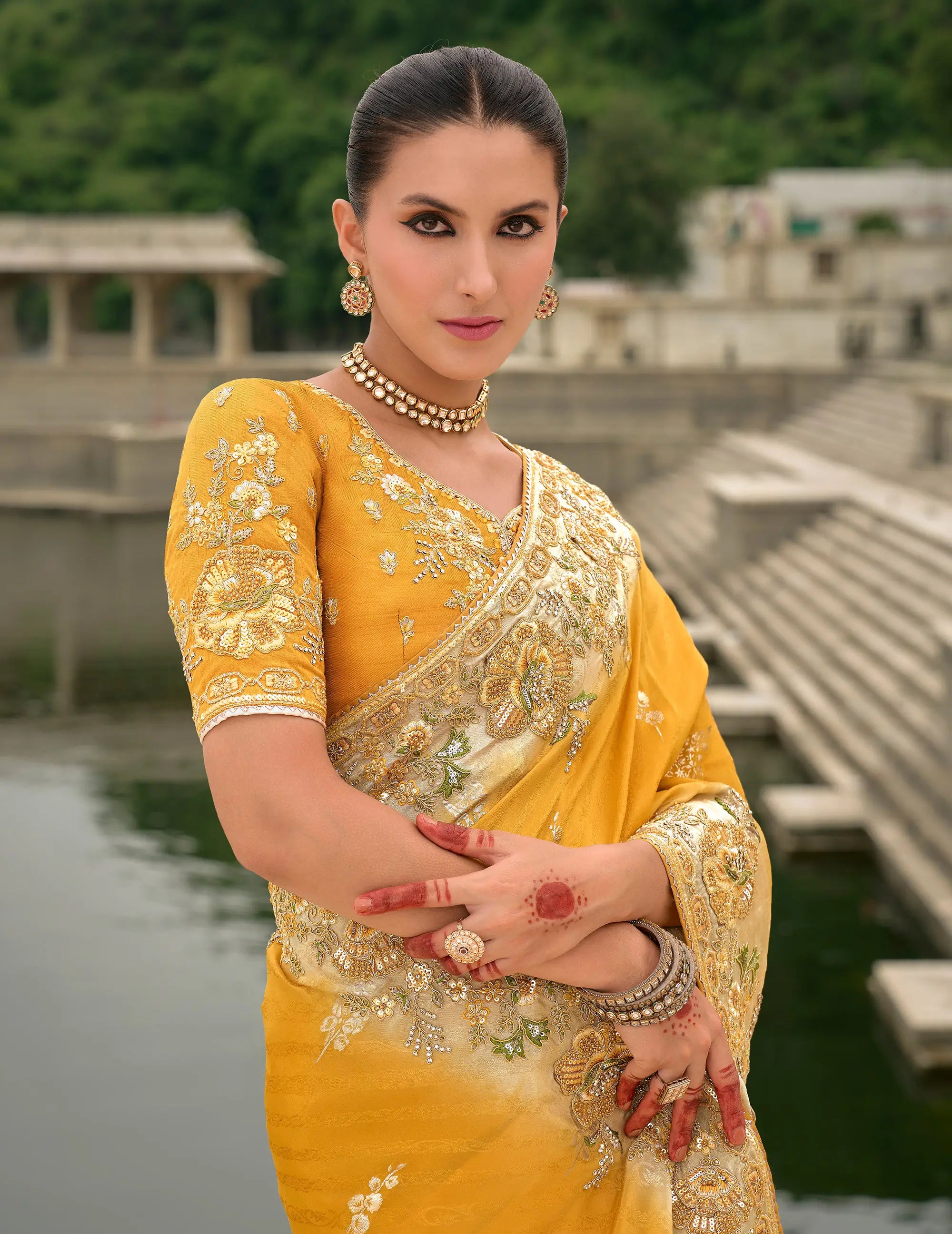 Yellow Viscose Jacquard Saree With Embroidery, Pearls, Khatli, Zari Weaving Work - qivii