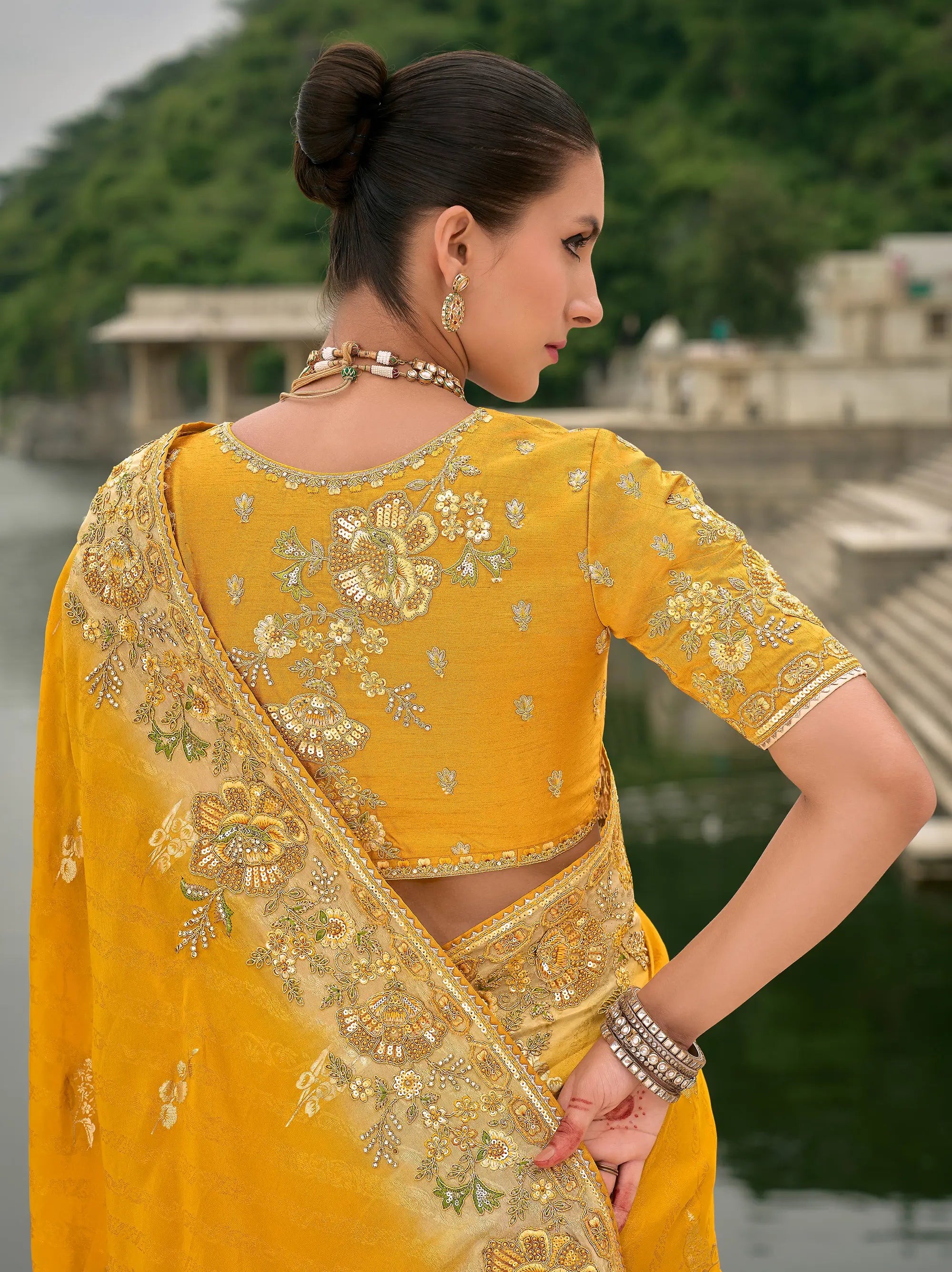 Yellow Viscose Jacquard Saree With Embroidery, Pearls, Khatli, Zari Weaving Work - qivii