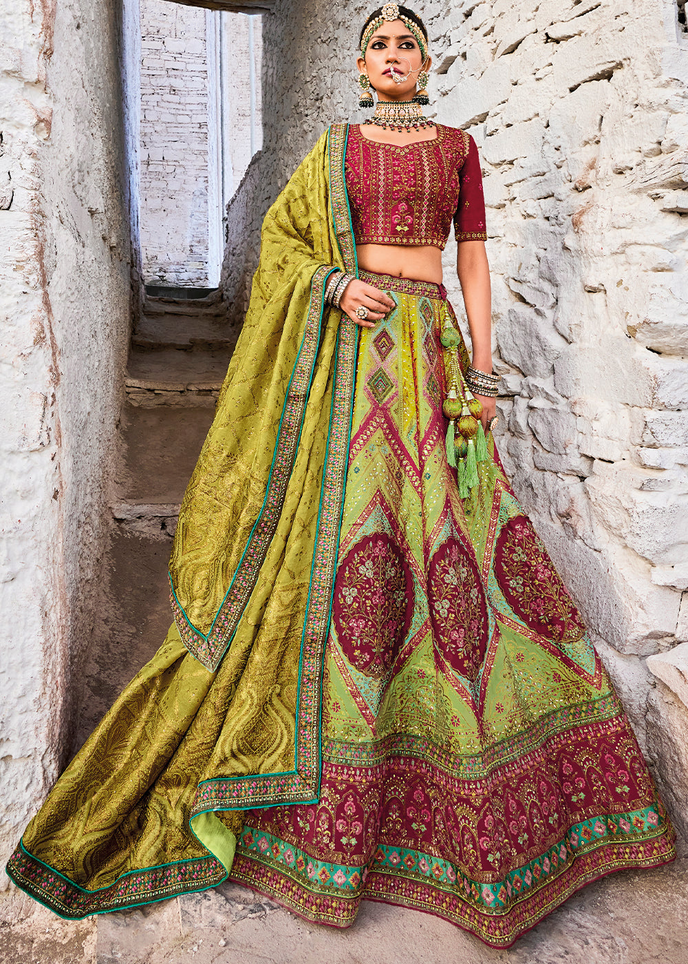 Shades Of Green Banarasi Jacquard Silk Lehenga with Cut Work & Hand Work Embroidery | Ready To Wear - qivii