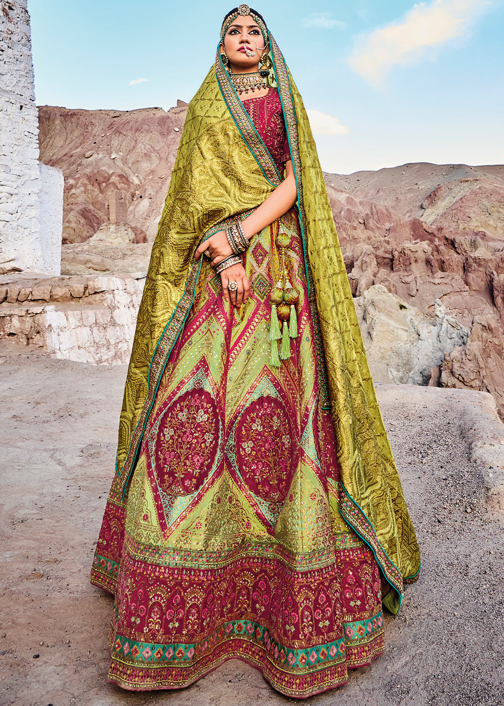 Shades Of Green Banarasi Jacquard Silk Lehenga with Cut Work & Hand Work Embroidery | Ready To Wear - qivii