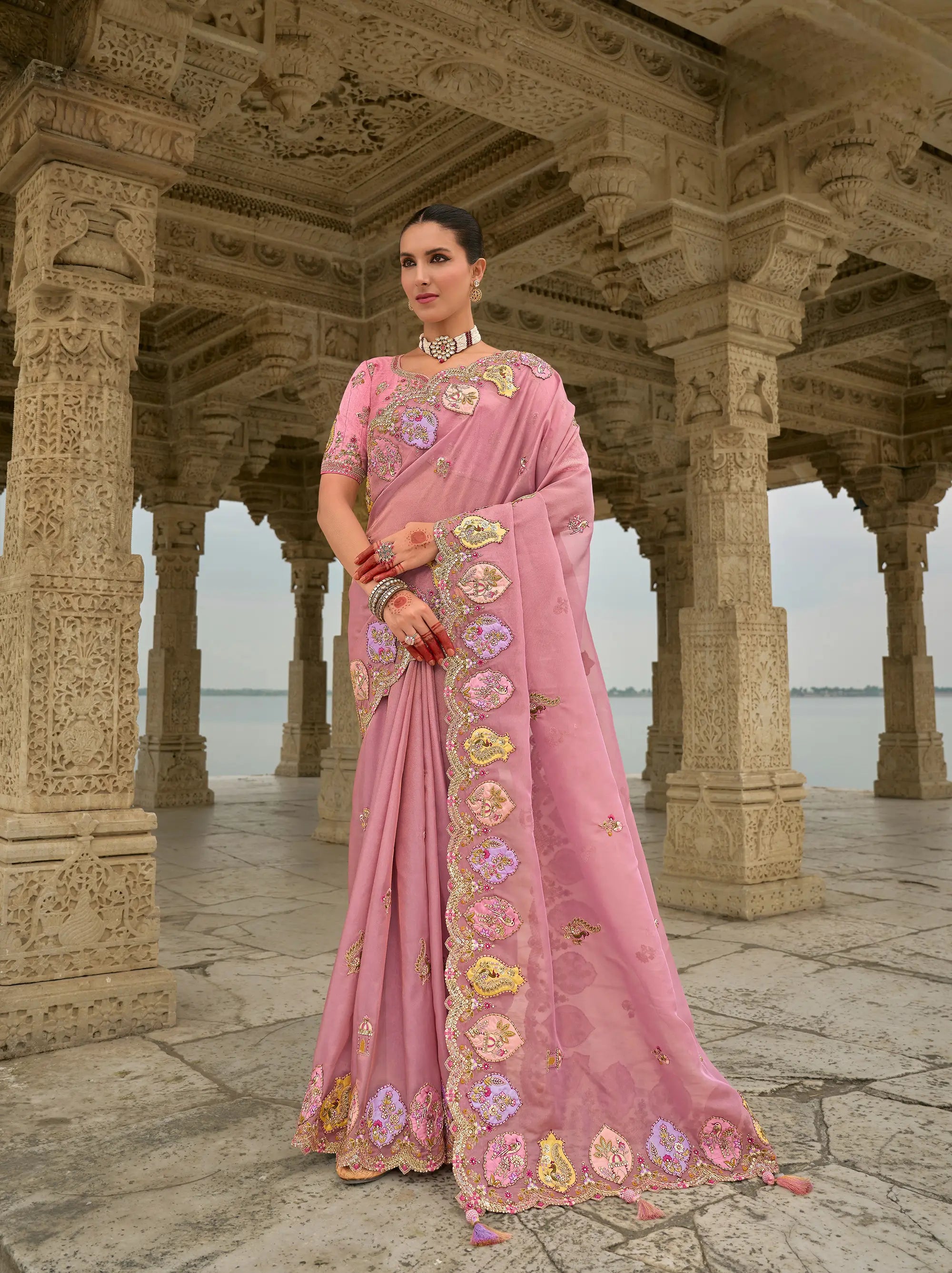 Old Pink Viscose Jacquard Saree With Embroidery, Pearls, Khatli, Zari Weaving Work - qivii