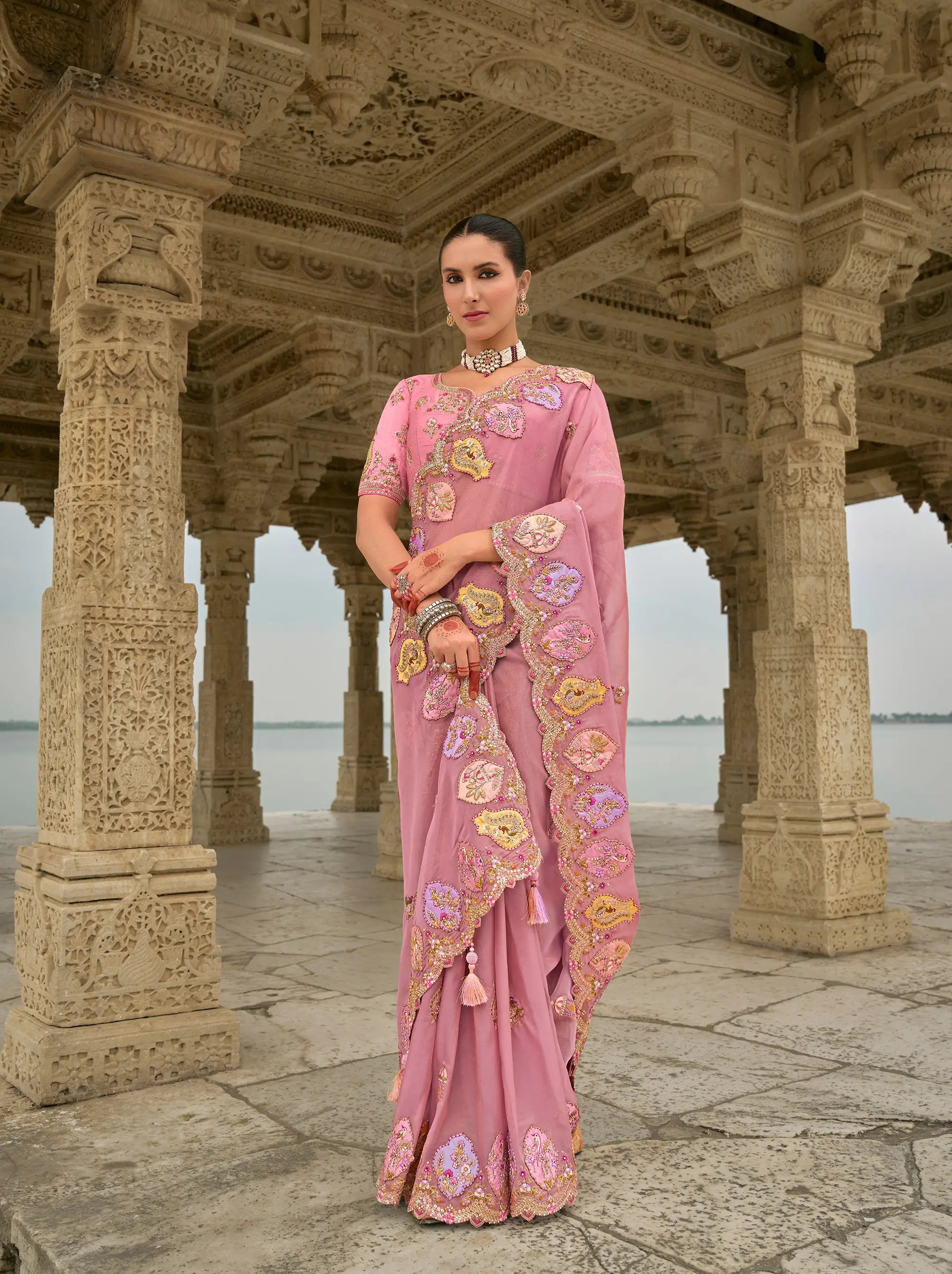 Old Pink Viscose Jacquard Saree With Embroidery, Pearls, Khatli, Zari Weaving Work - qivii