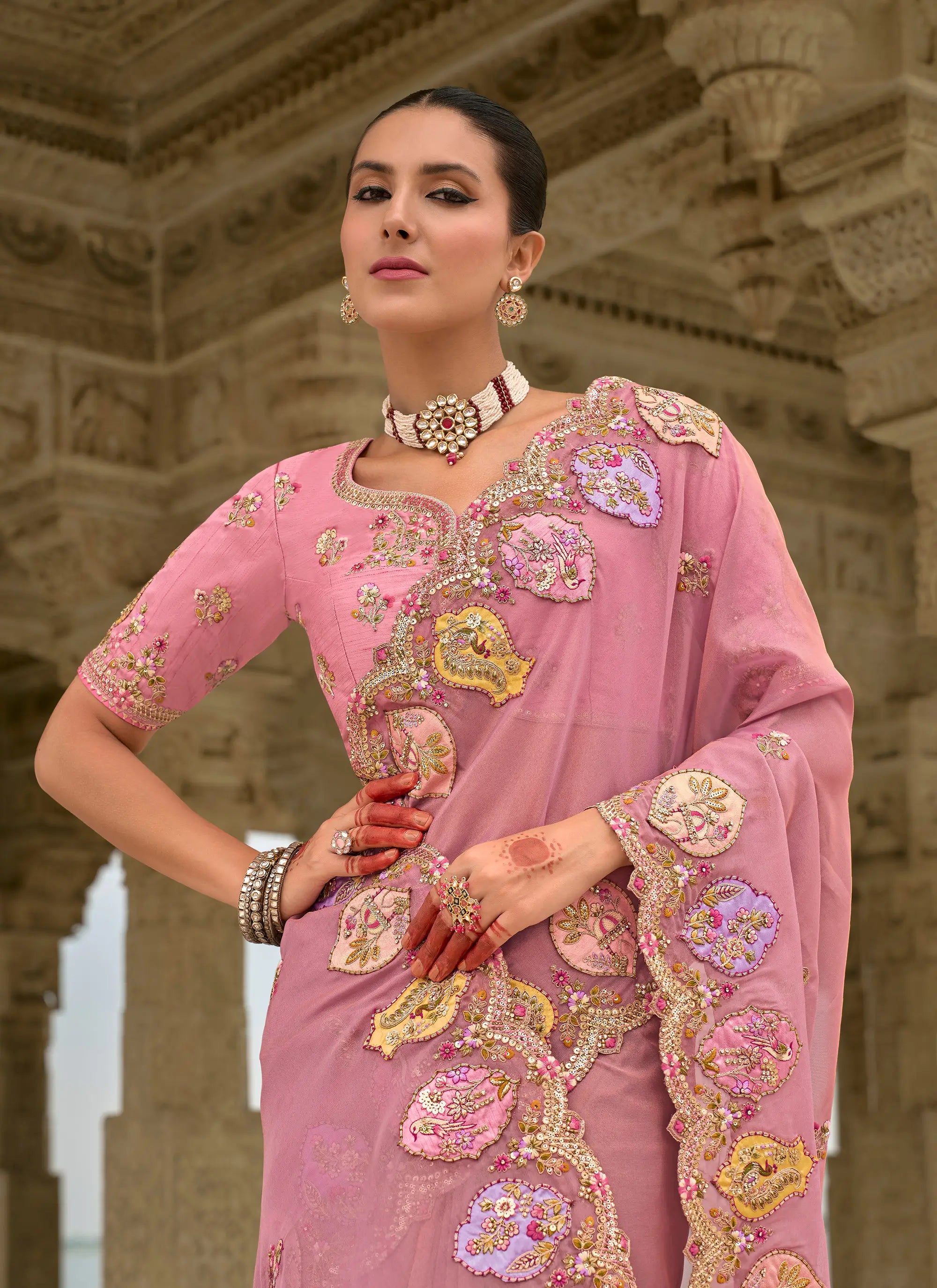 Old Pink Viscose Jacquard Saree With Embroidery, Pearls, Khatli, Zari Weaving Work - qivii