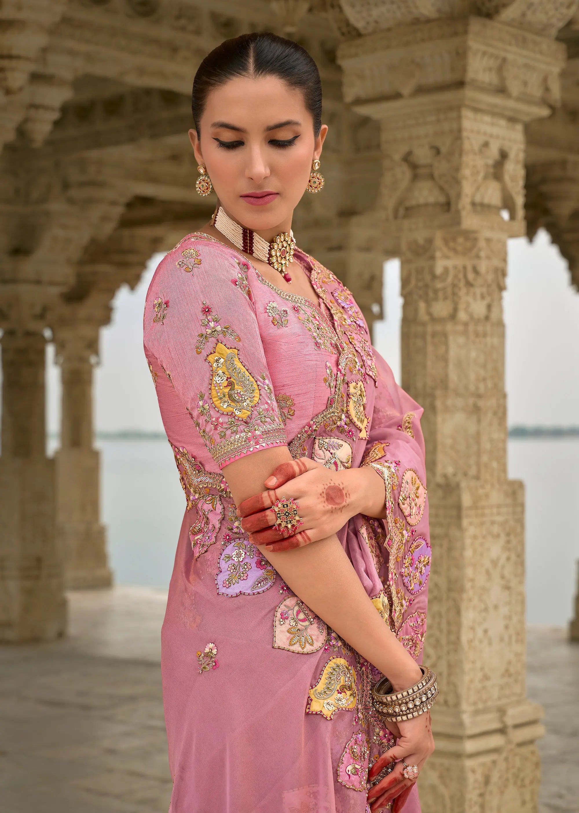 Old Pink Viscose Jacquard Saree With Embroidery, Pearls, Khatli, Zari Weaving Work - qivii