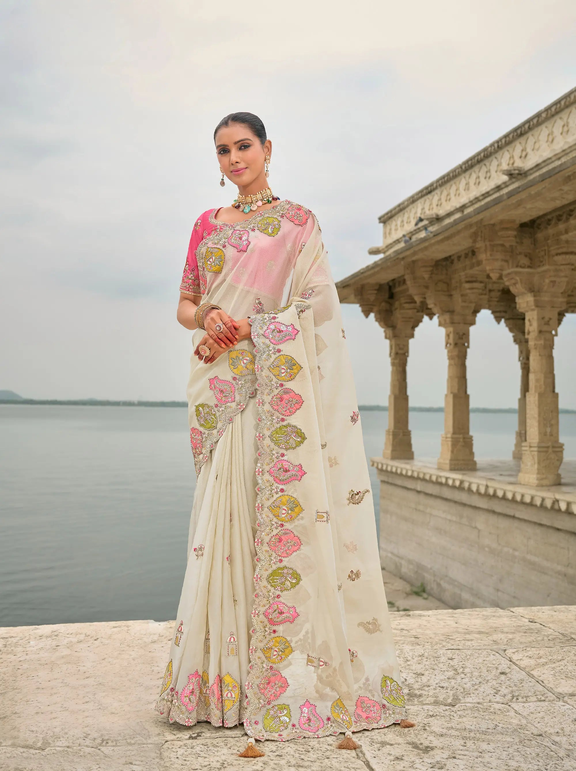 Pastel Gray Viscose Jacquard Saree With Embroidery, Pearls, Khatli, Zari Weaving Work - qivii