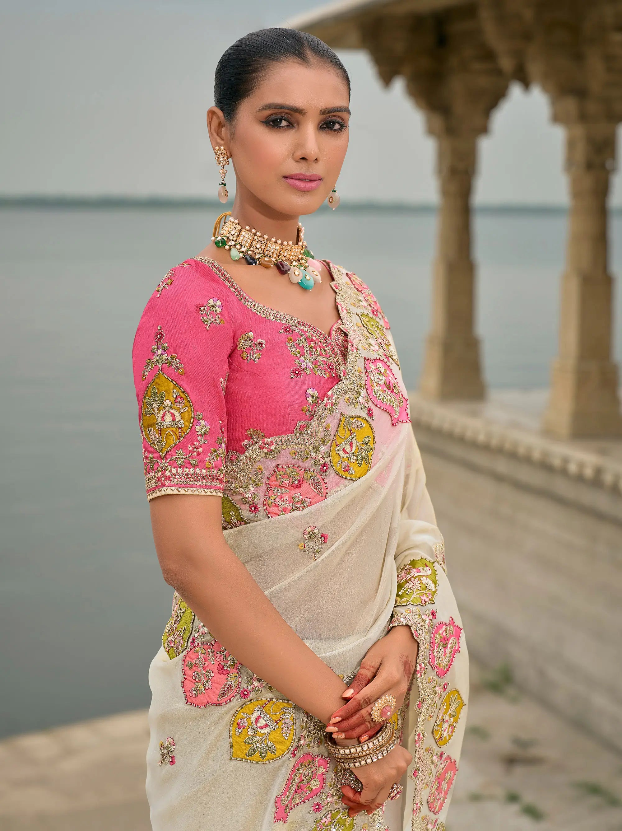 Pastel Gray Viscose Jacquard Saree With Embroidery, Pearls, Khatli, Zari Weaving Work - qivii