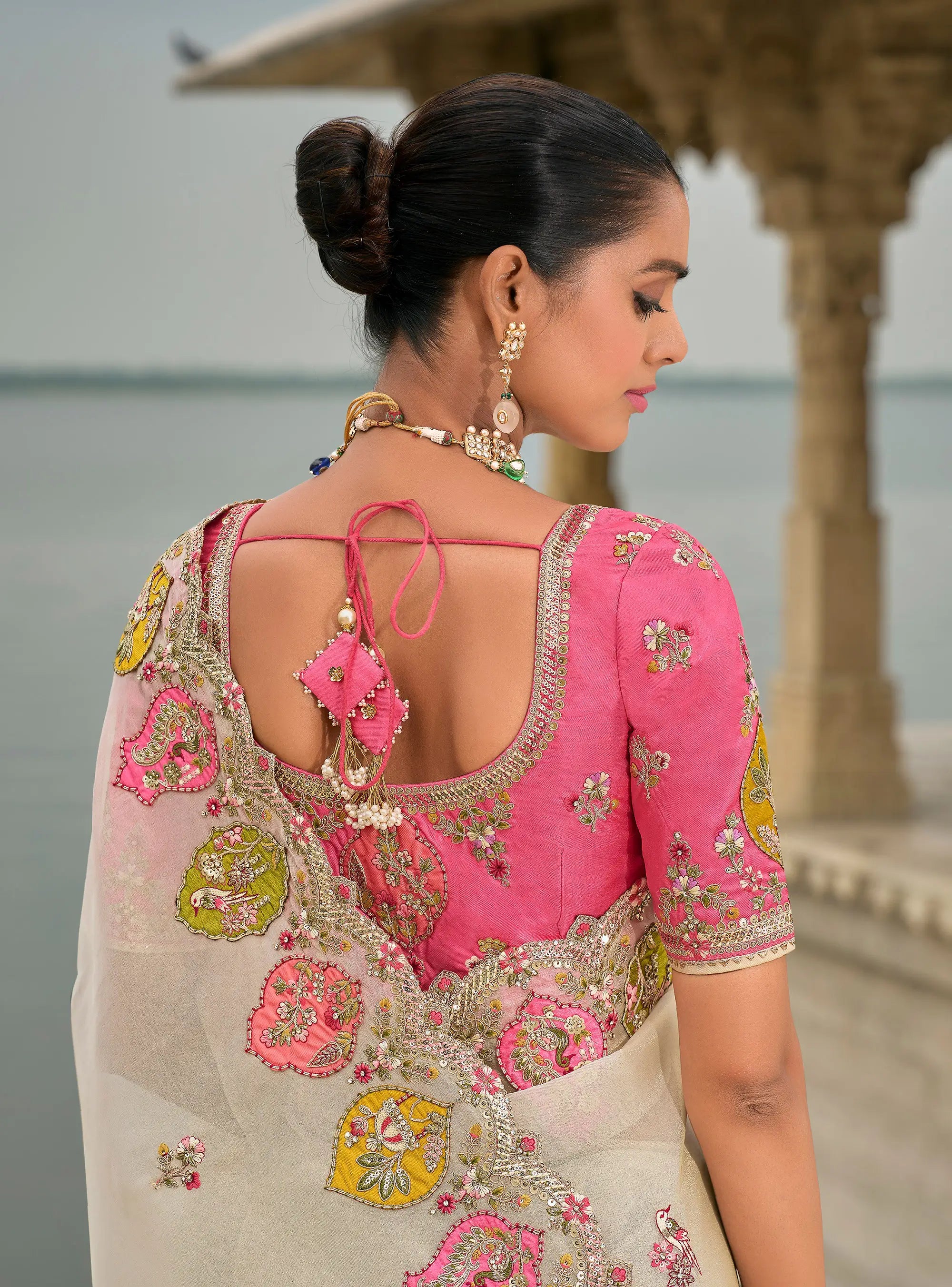 Pastel Gray Viscose Jacquard Saree With Embroidery, Pearls, Khatli, Zari Weaving Work - qivii