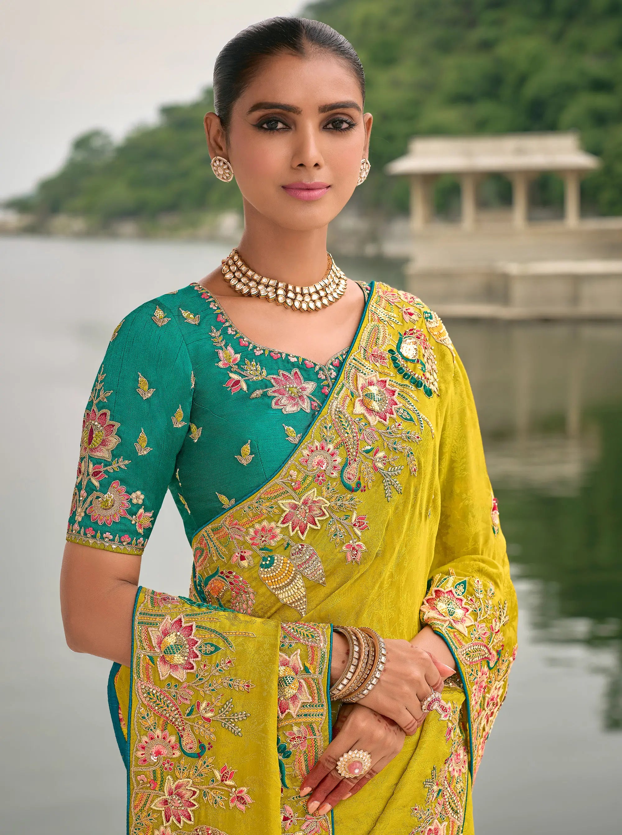 Yellow Gold Viscose Jacquard Saree With Embroidery Pearls Khatli Zari Weaving Work - qivii