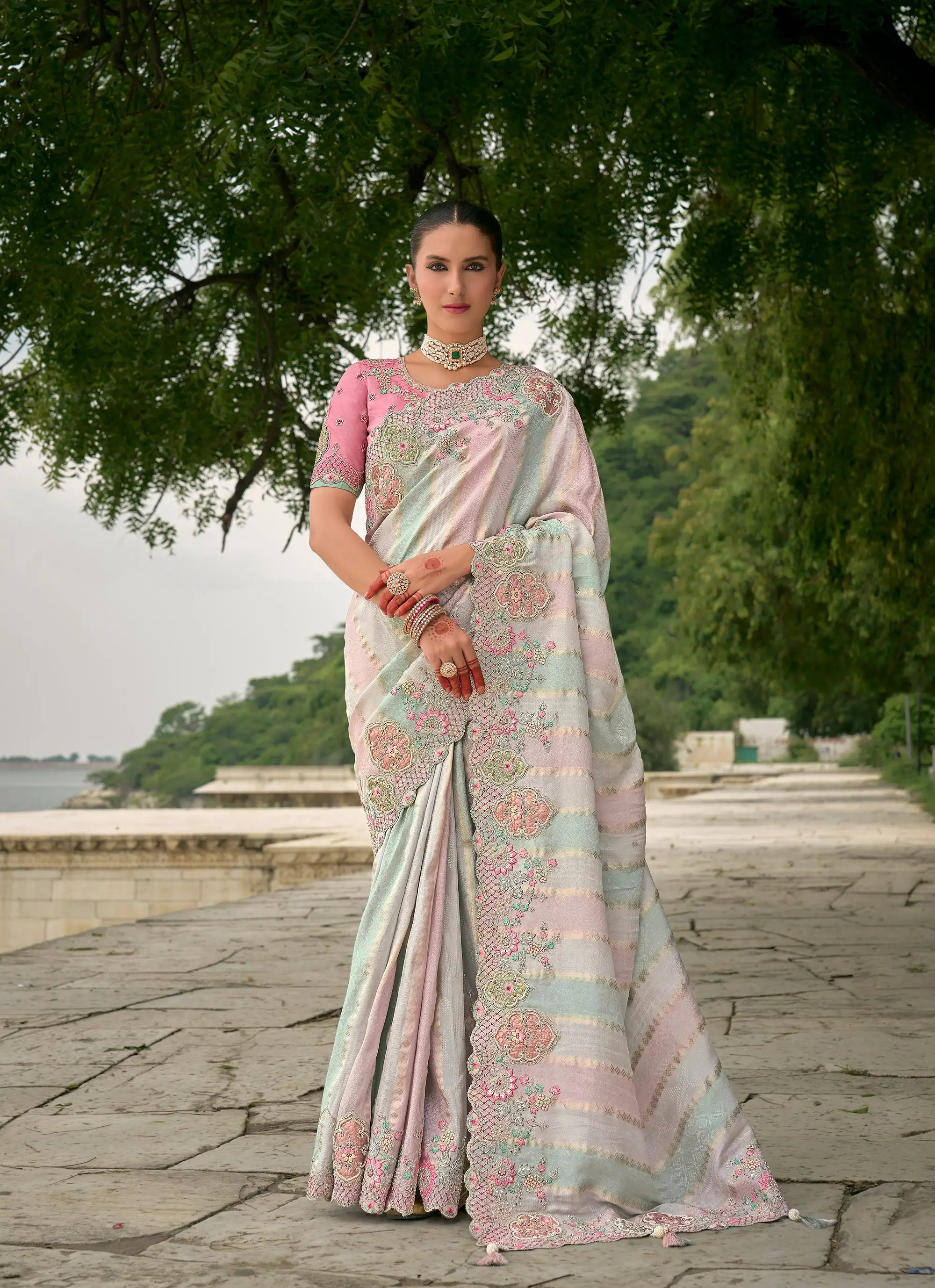 Sky Blue Pink Viscose Jacquard Saree With Embroidery Pearls Khatli Zari Weaving Work - qivii