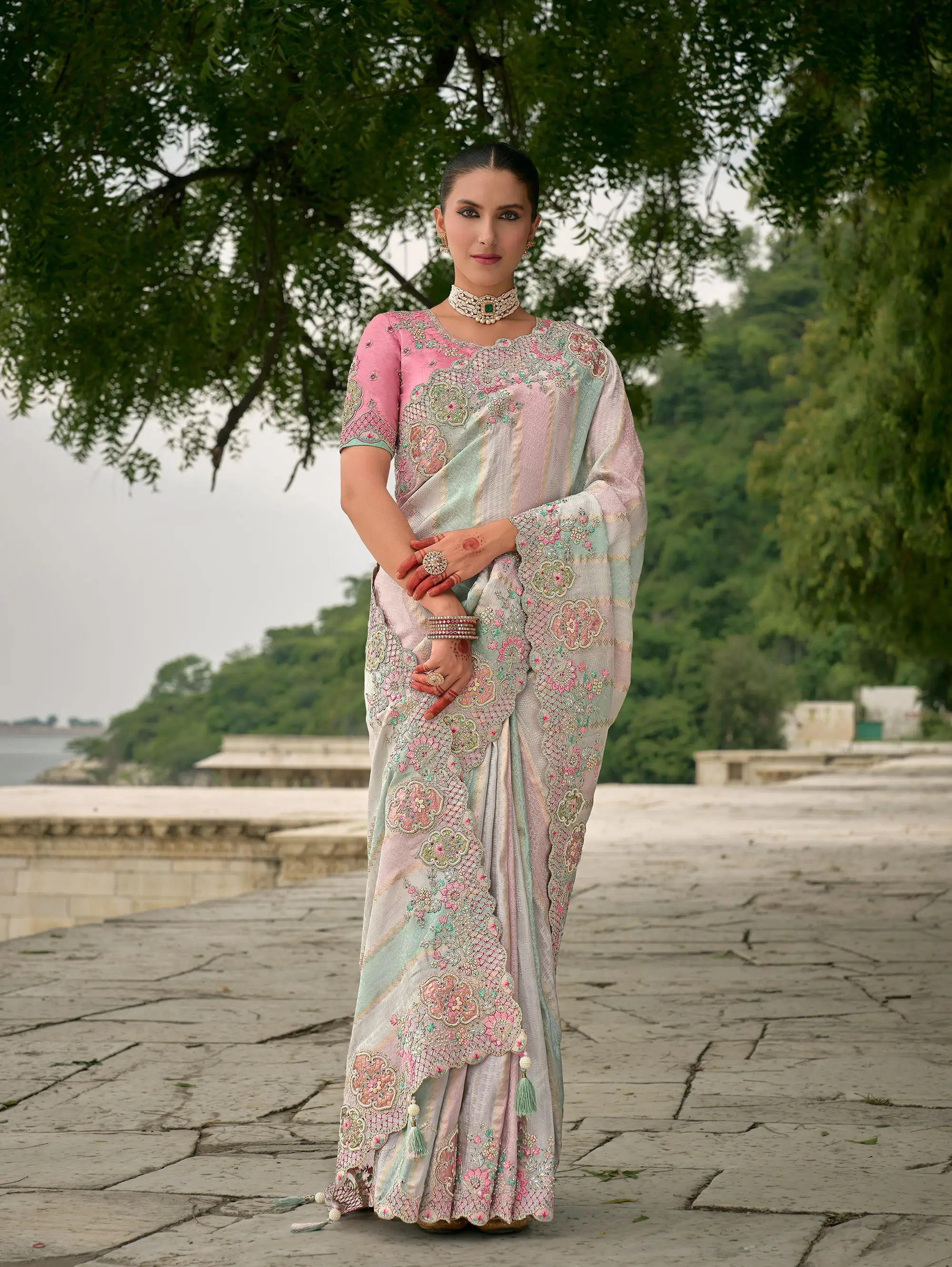 Sky blue-Pink Viscose Jacquard Saree With Embroidery, Pearls, Khatli, Zari Weaving Work - qivii