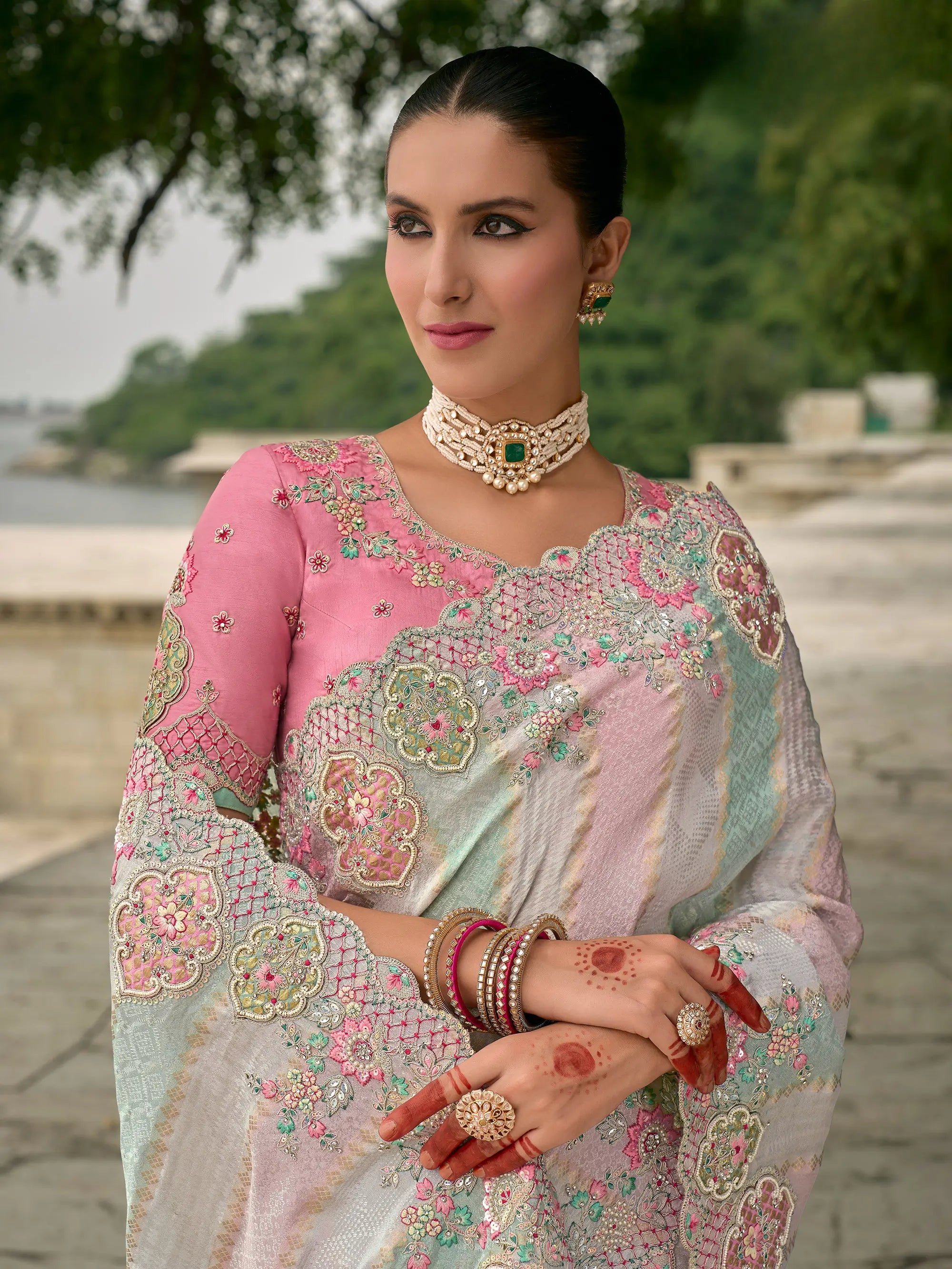 Sky Blue Pink Viscose Jacquard Saree With Embroidery Pearls Khatli Zari Weaving Work - qivii