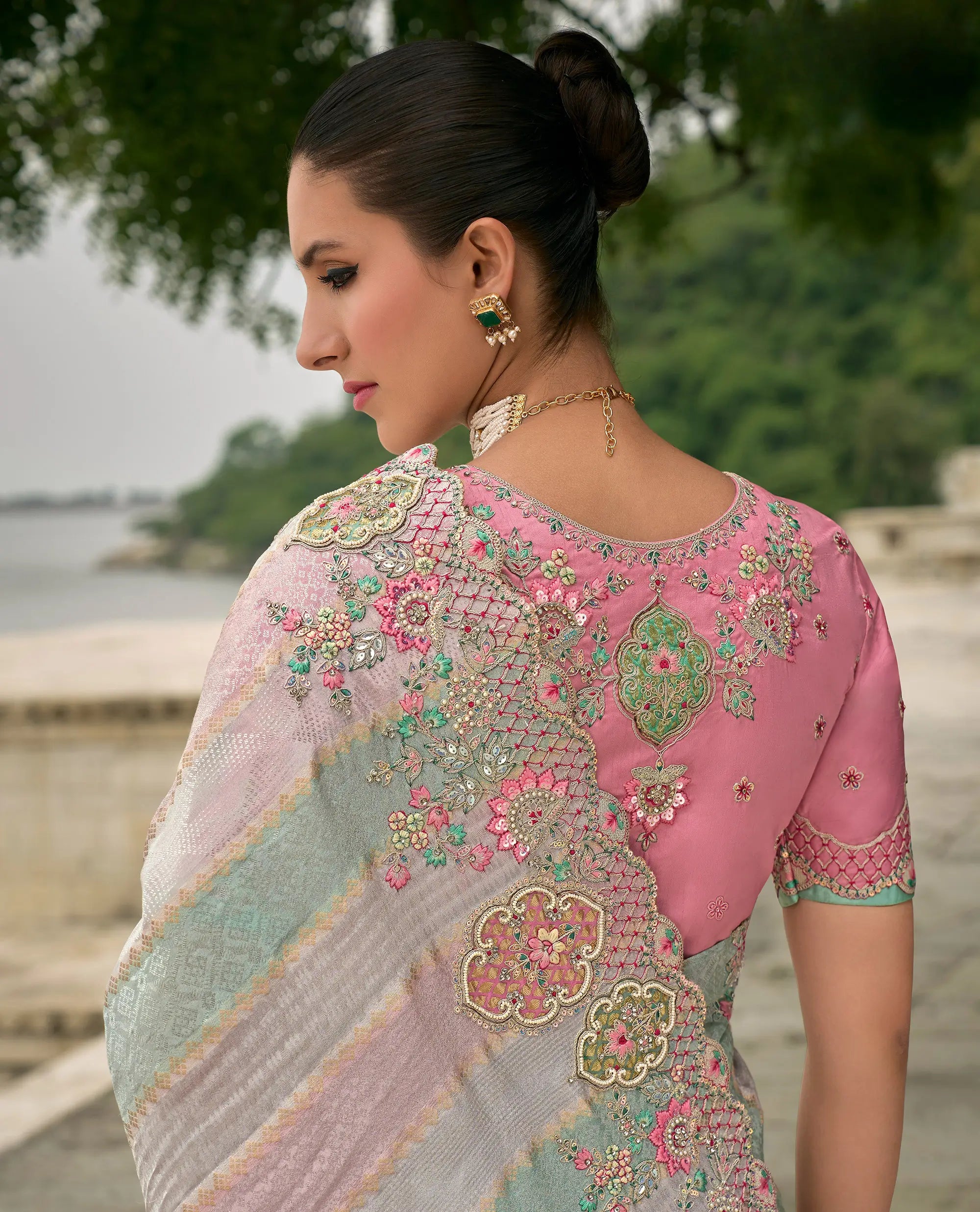 Sky blue-Pink Viscose Jacquard Saree With Embroidery, Pearls, Khatli, Zari Weaving Work - qivii