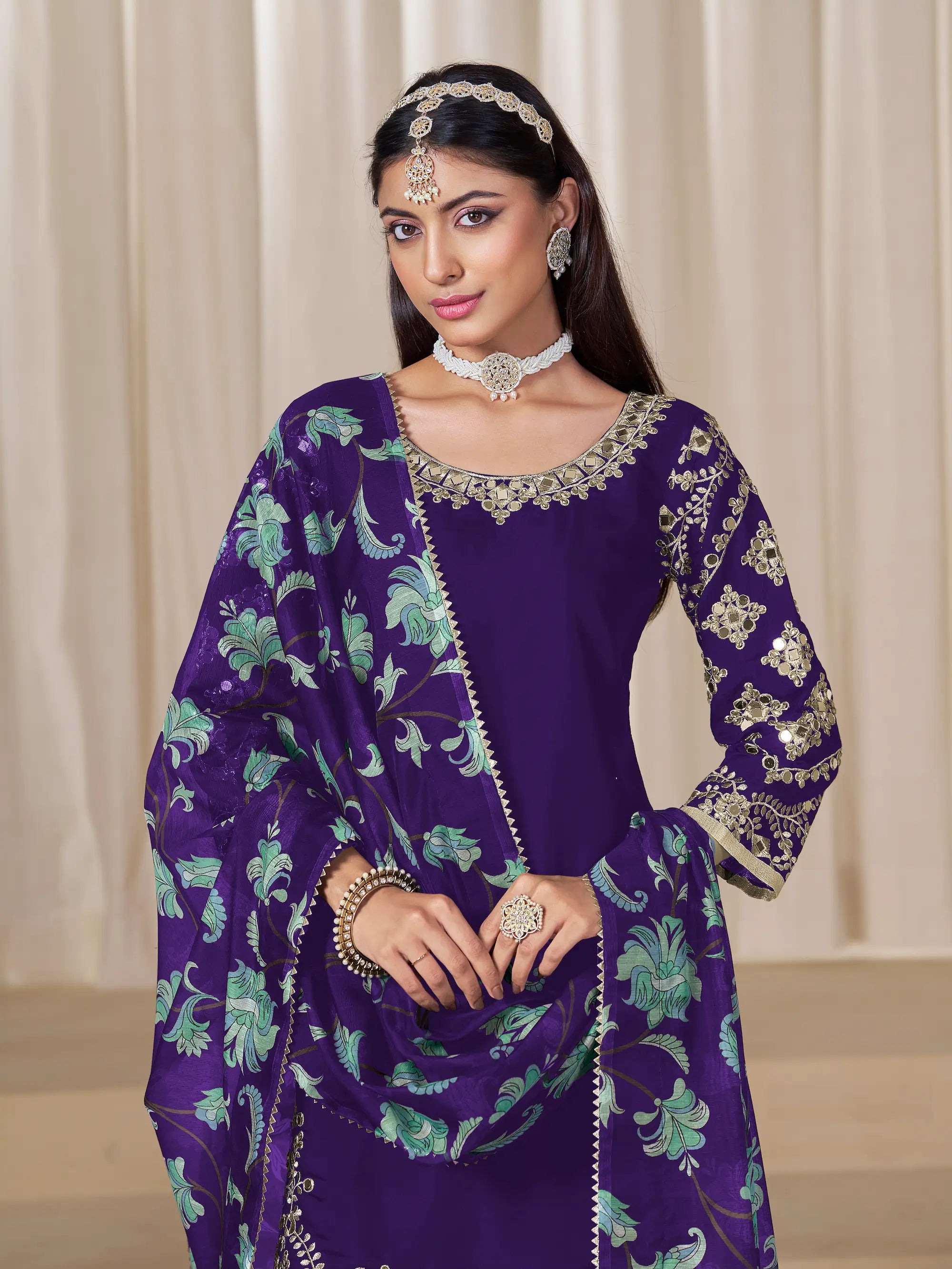Purple Roman Silk Embroidery Work Salwar Suit - qivii