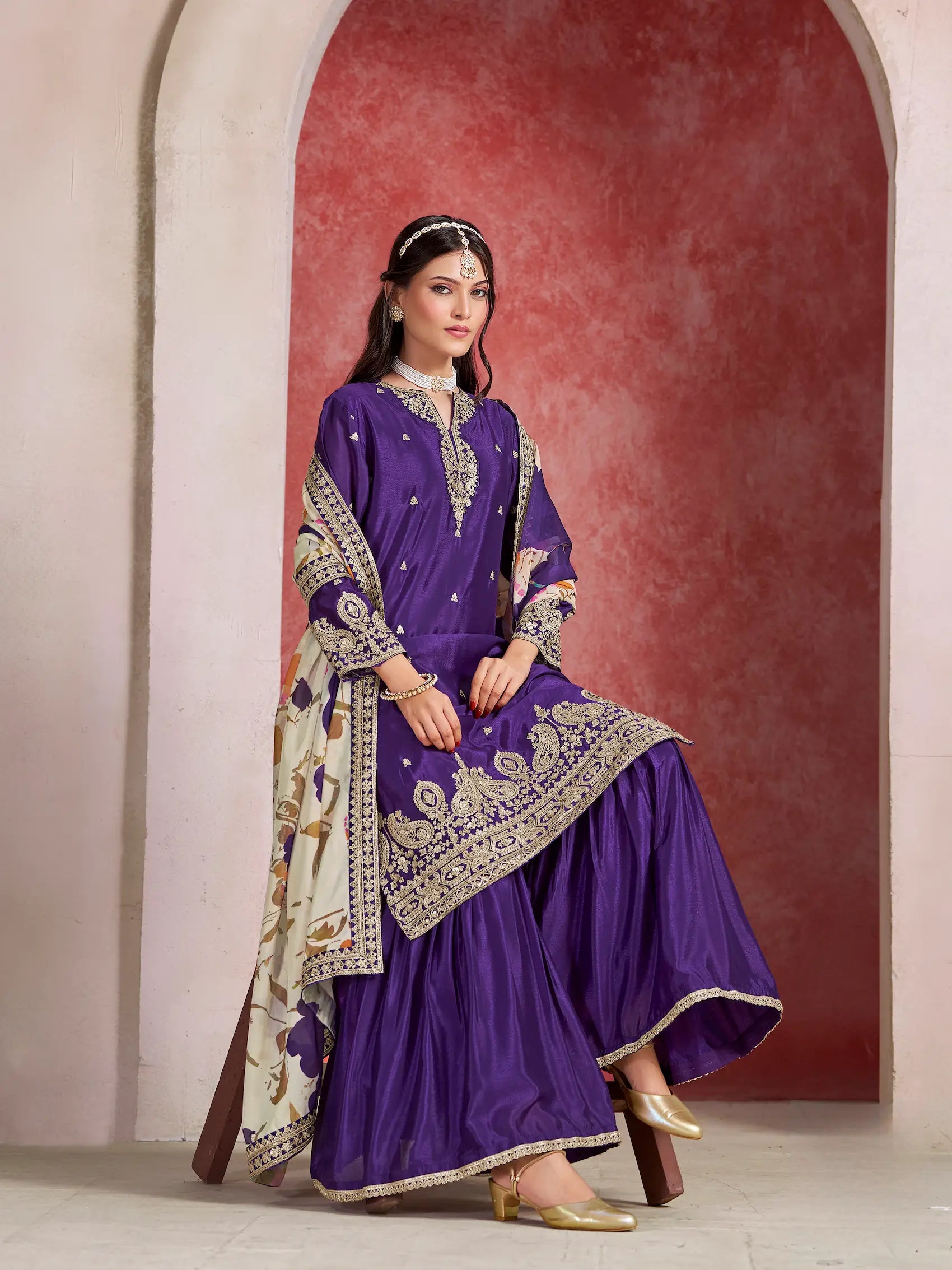 Purple Chinon Embroidery Salwar suit With Organza Dupatta - qivii