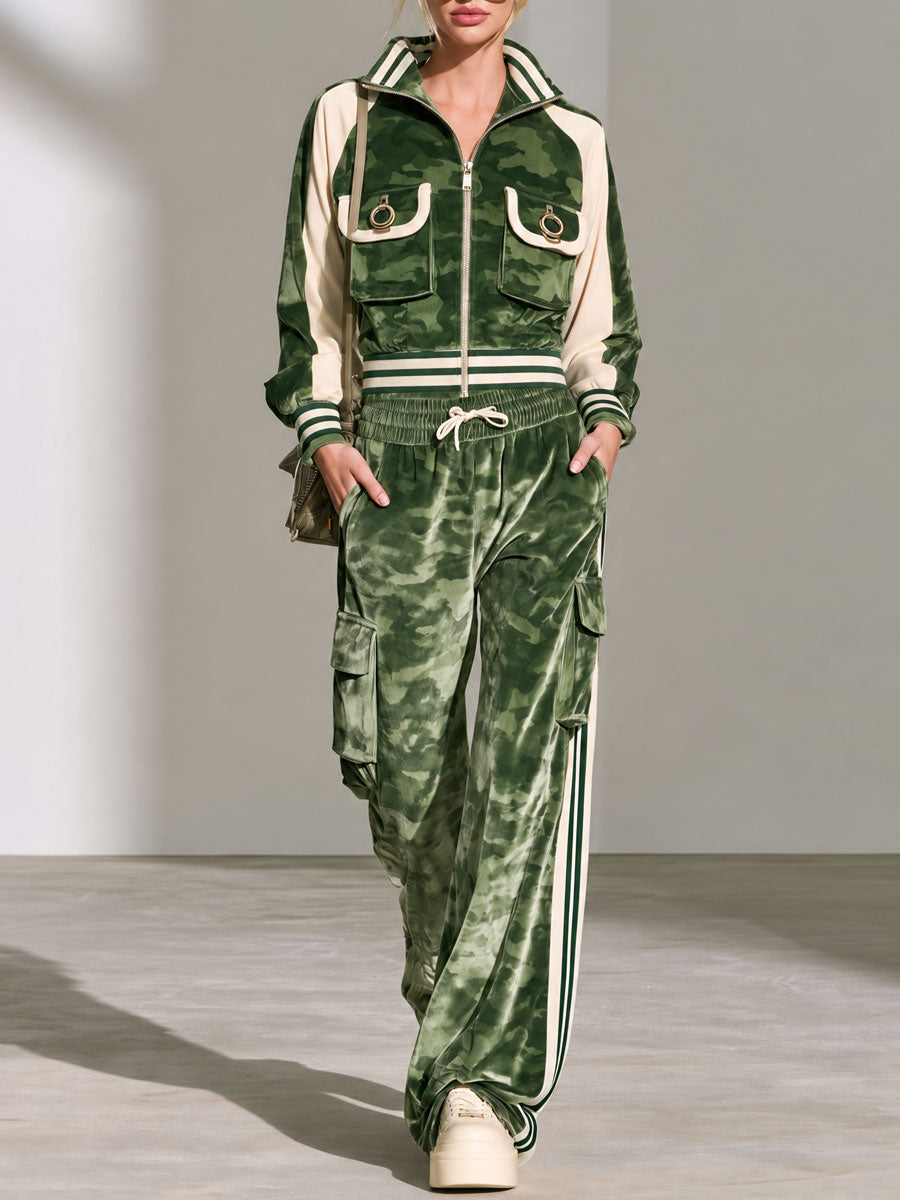 Stylish Retro Green Camouflage Velvet Print Jacket And Pants Set - By Qivii