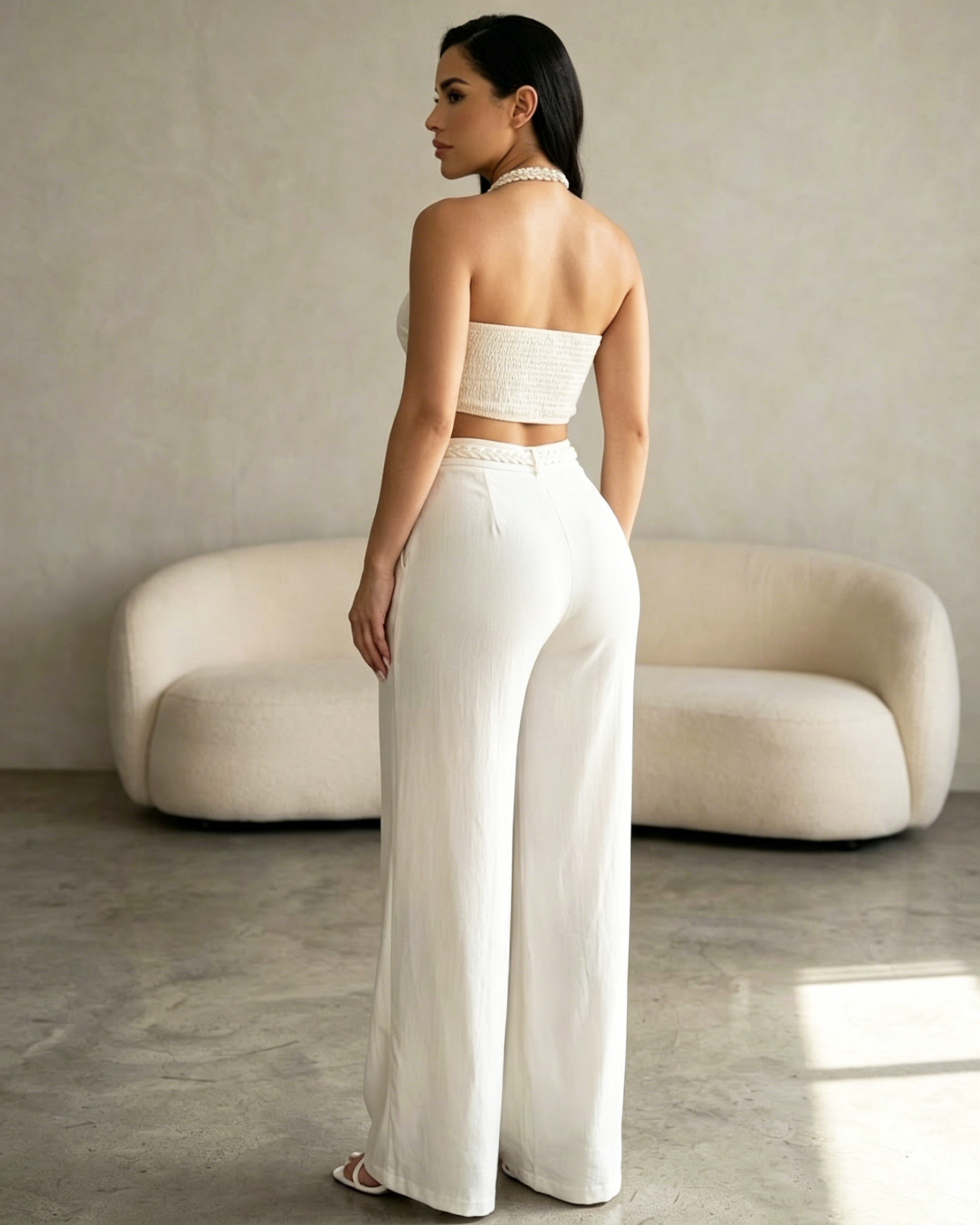 2 Piece Braided Trim Two Piece Outfit with Flared Trousers - By Qivii