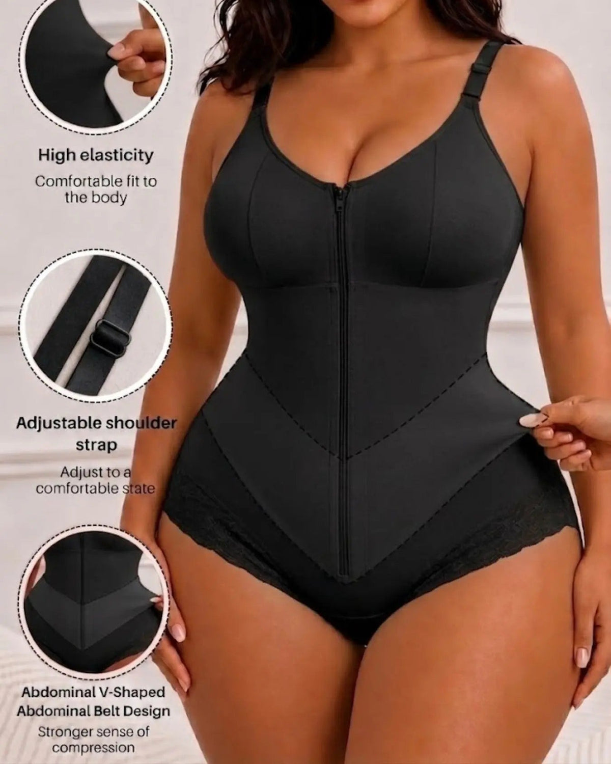 Front Zip Adjustable Strap Tummy Control Butt Lifting Bodysuit Shapewear