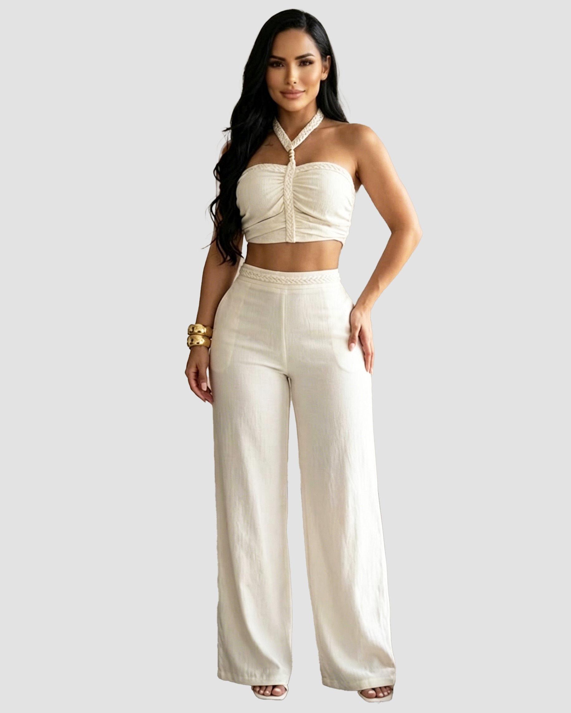 2 Piece Braided Trim Two Piece Outfit with Flared Trousers - By Qivii