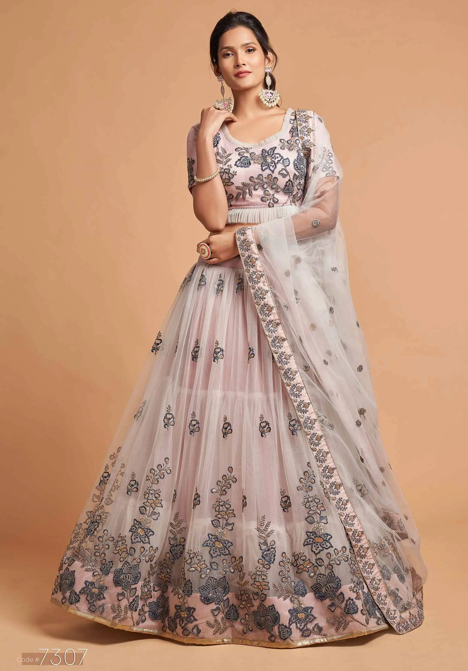 Pinkish Grey Soft Net Lehenga With Thread Zari Dori and Sequins Embroidery Work | Ready To Wear - qivii