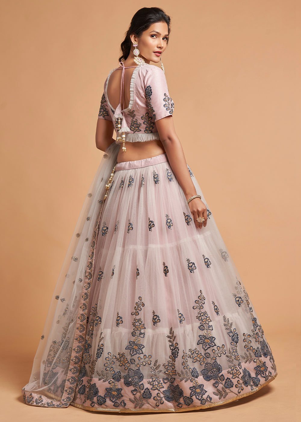 Pinkish Grey Designer Soft Net Lehenga Choli with Thread, Dori, Zari & Sequins work | Ready To Wear - qivii