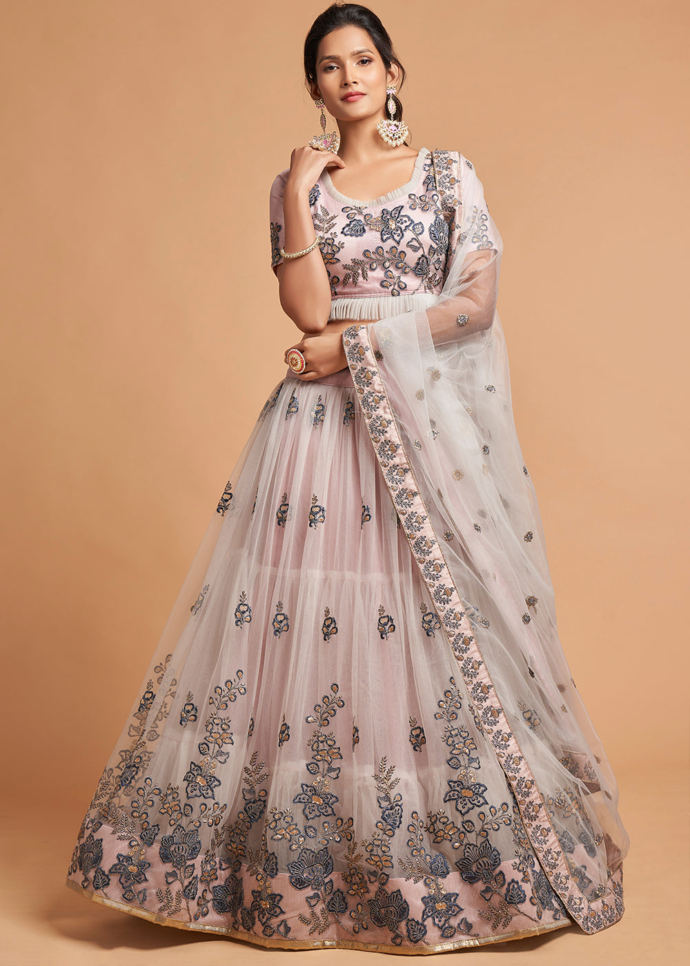 Pinkish Grey Designer Soft Net Lehenga Choli with Thread, Dori, Zari & Sequins work | Ready To Wear - qivii