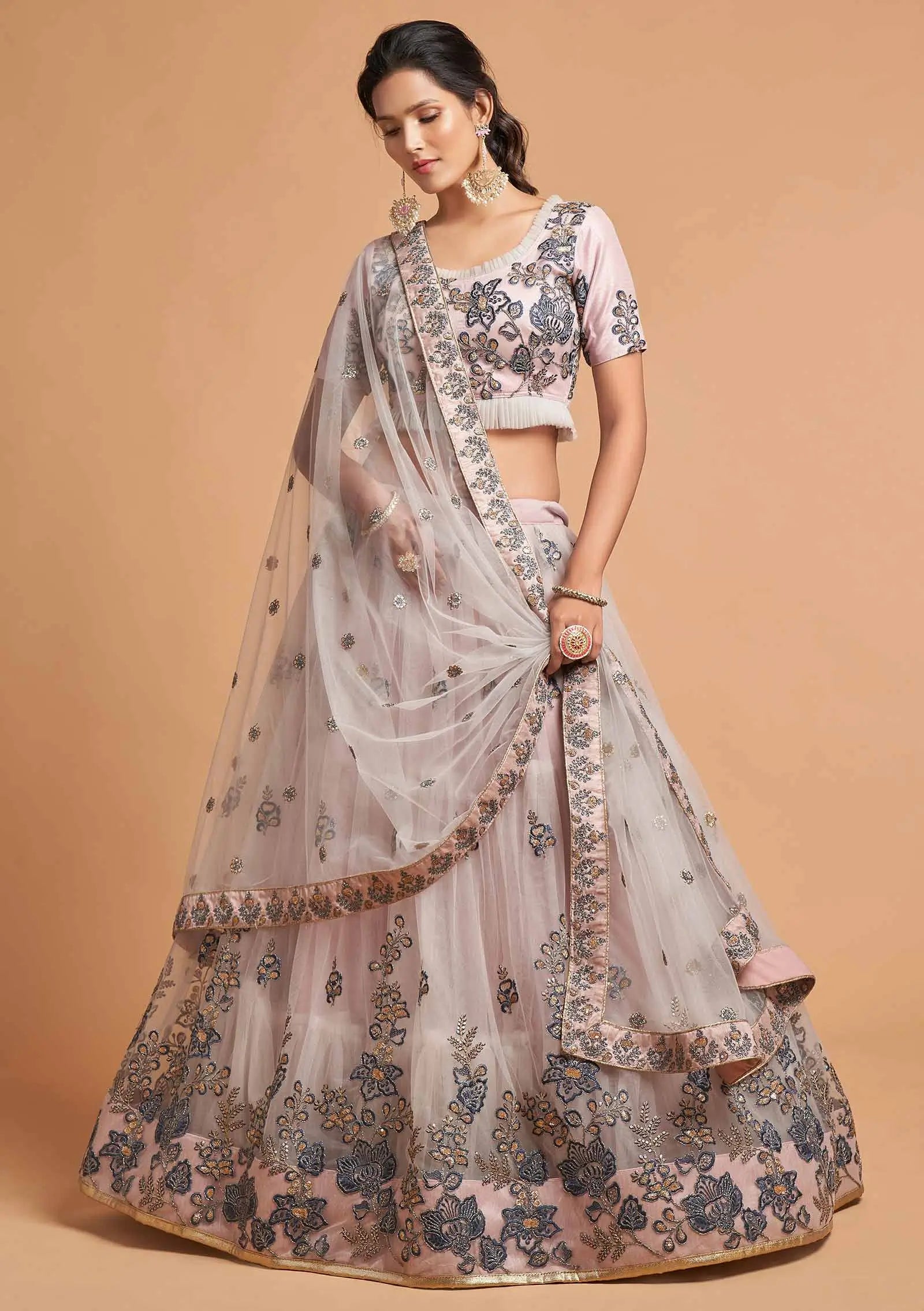 Pinkish Grey Soft Net Lehenga With Thread Zari Dori and Sequins Embroidery Work | Ready To Wear - qivii
